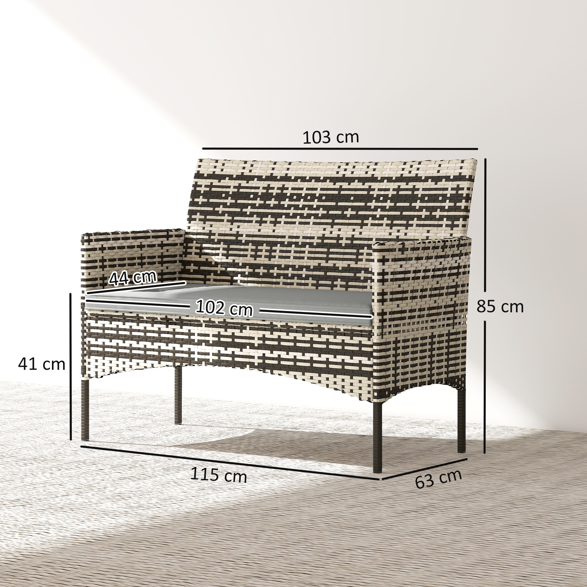 2-Sitzer Rattan Gartensofa PE-Rattan Outdoor-Terrassen-Sofa mit Polster, Anti-Rutsch-Matten, Stahlrahmen, Hellgrau