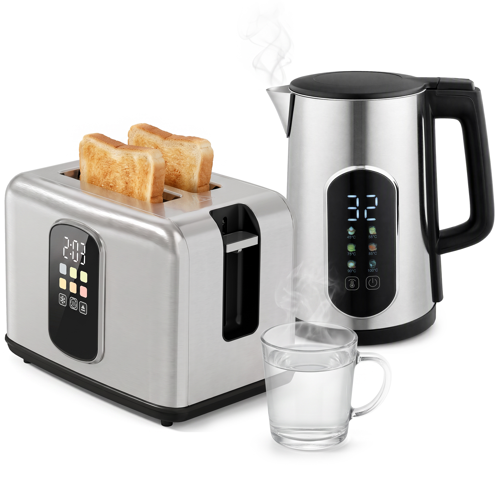 1,5-l-Wasserkocher, 2200 W, mit LED-Touchscreen, 2-Scheiben-Toaster mit 6 Bräunungsstufen, Silber