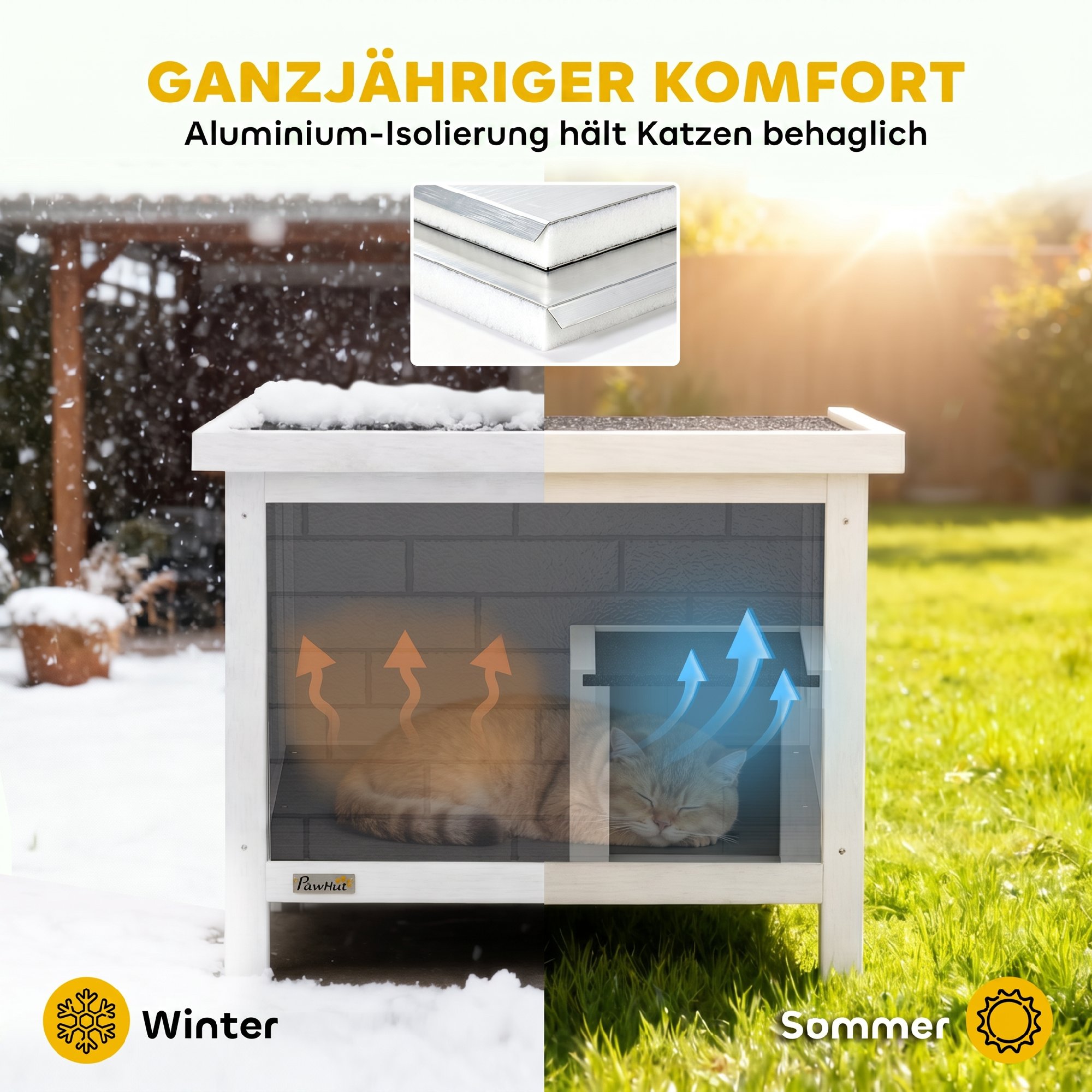 Katzenhaus Wetterfeste Katzenhütte aus Holz mit aufklappbarem Dach Aluminium-Isolierplatten Asphaltdach 61x51x53,5 cm