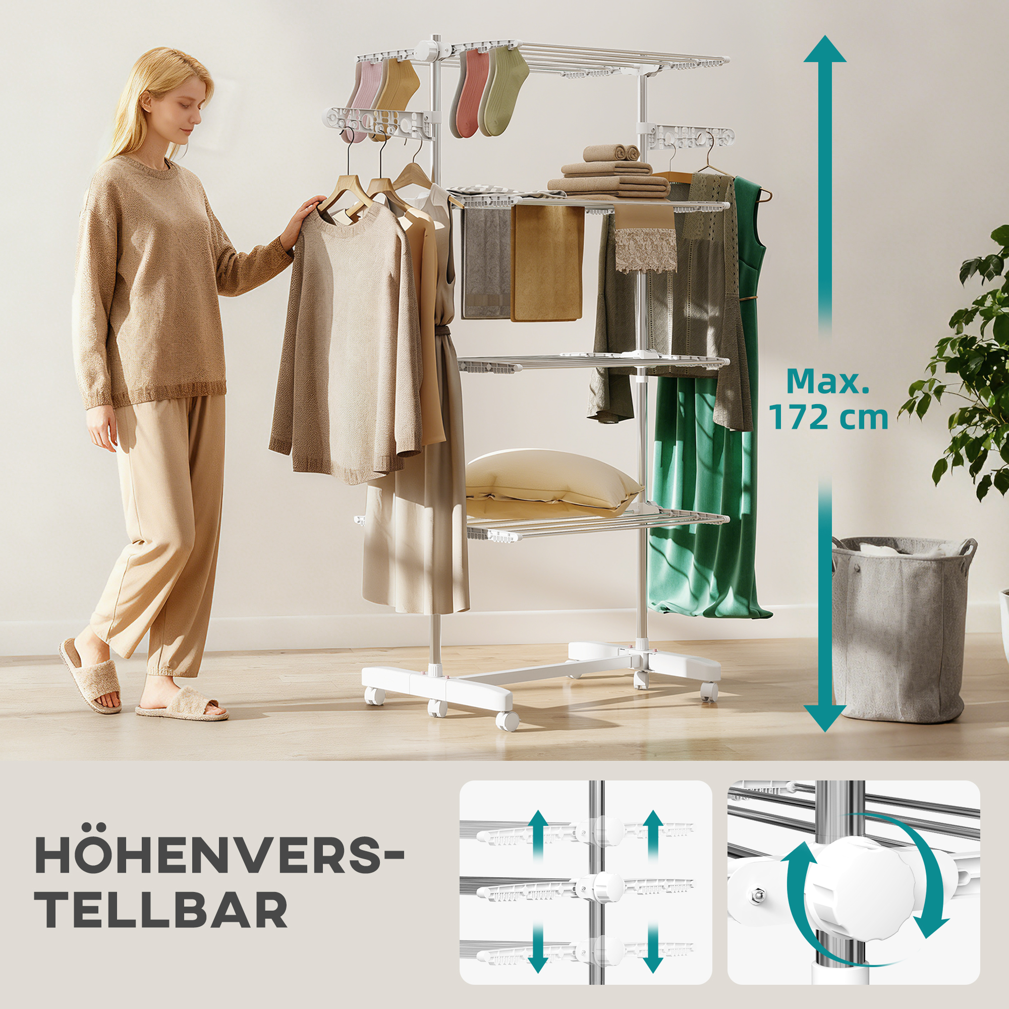 Mobiler Wäscheständer mit Rollen, 4 Ebenen, klappbar, Edelstahl, rostfrei, weiß+silber, 142 x 55 x 172 cm