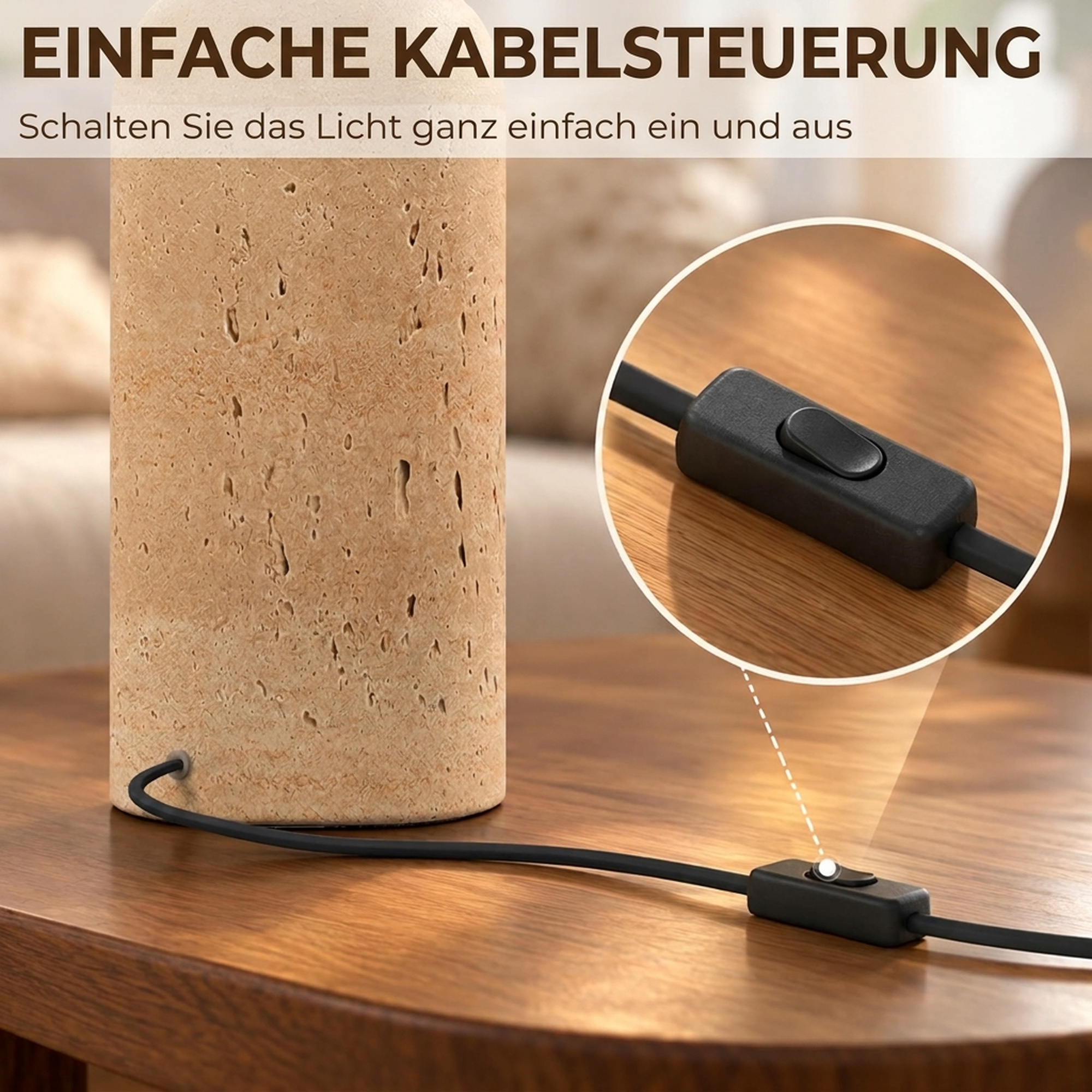 Tischlampe Vintage E27 Nachttischlampe Stoffschirm Kabel, 48 cm Beige