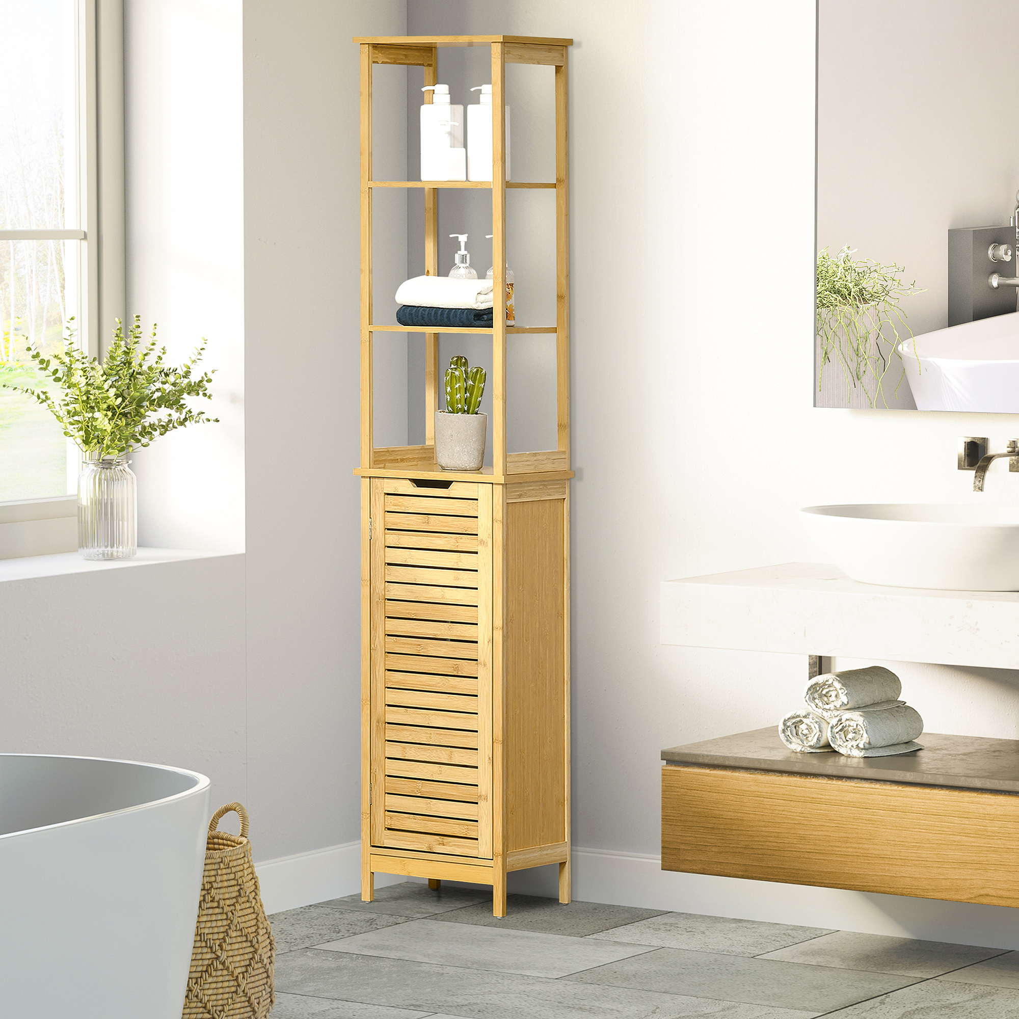 Badschrank, Hochschrank, drei Regalböden, ein Schrankfach mit Lamellentür, Kippschutz, Bambus, 34 x 30 x 173cm
