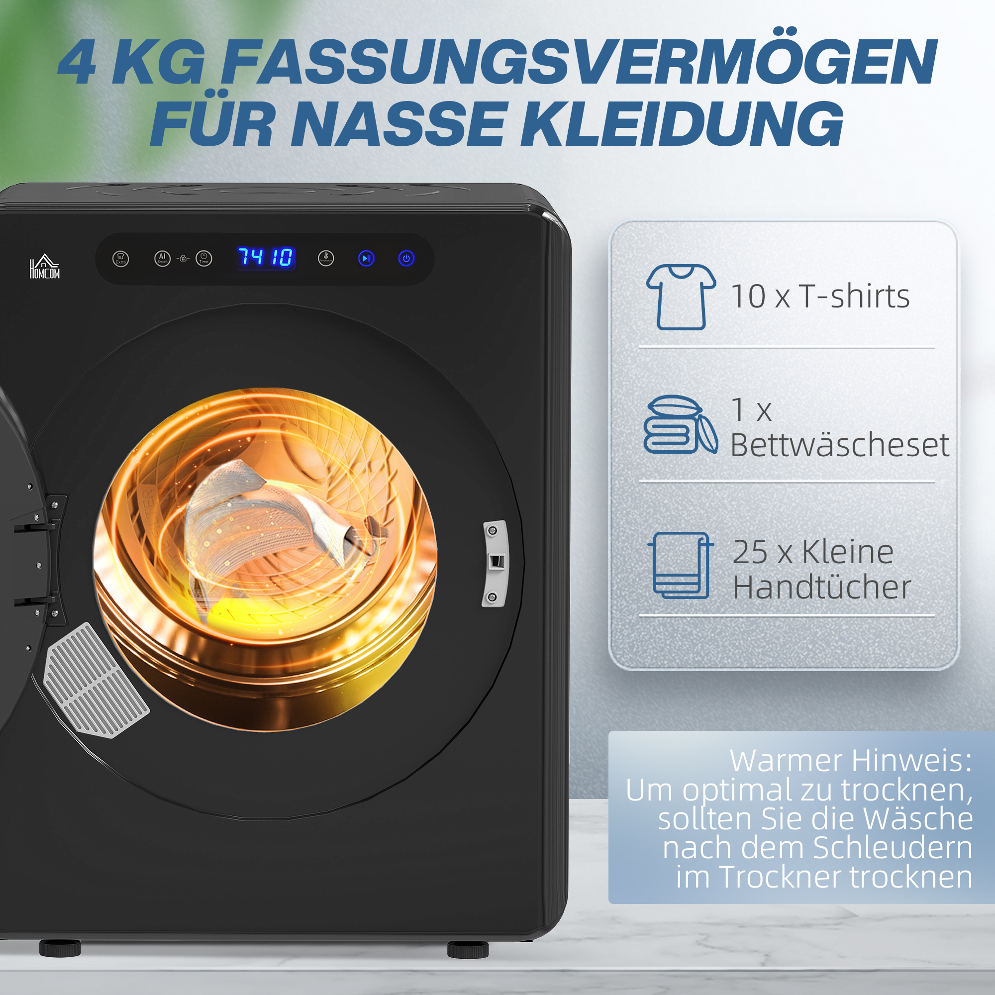 Wäschetrockner, 6 Programme, 40-60?, 3 kg Kapazität, kompakt, Touch-Bedienung, Schwarz
