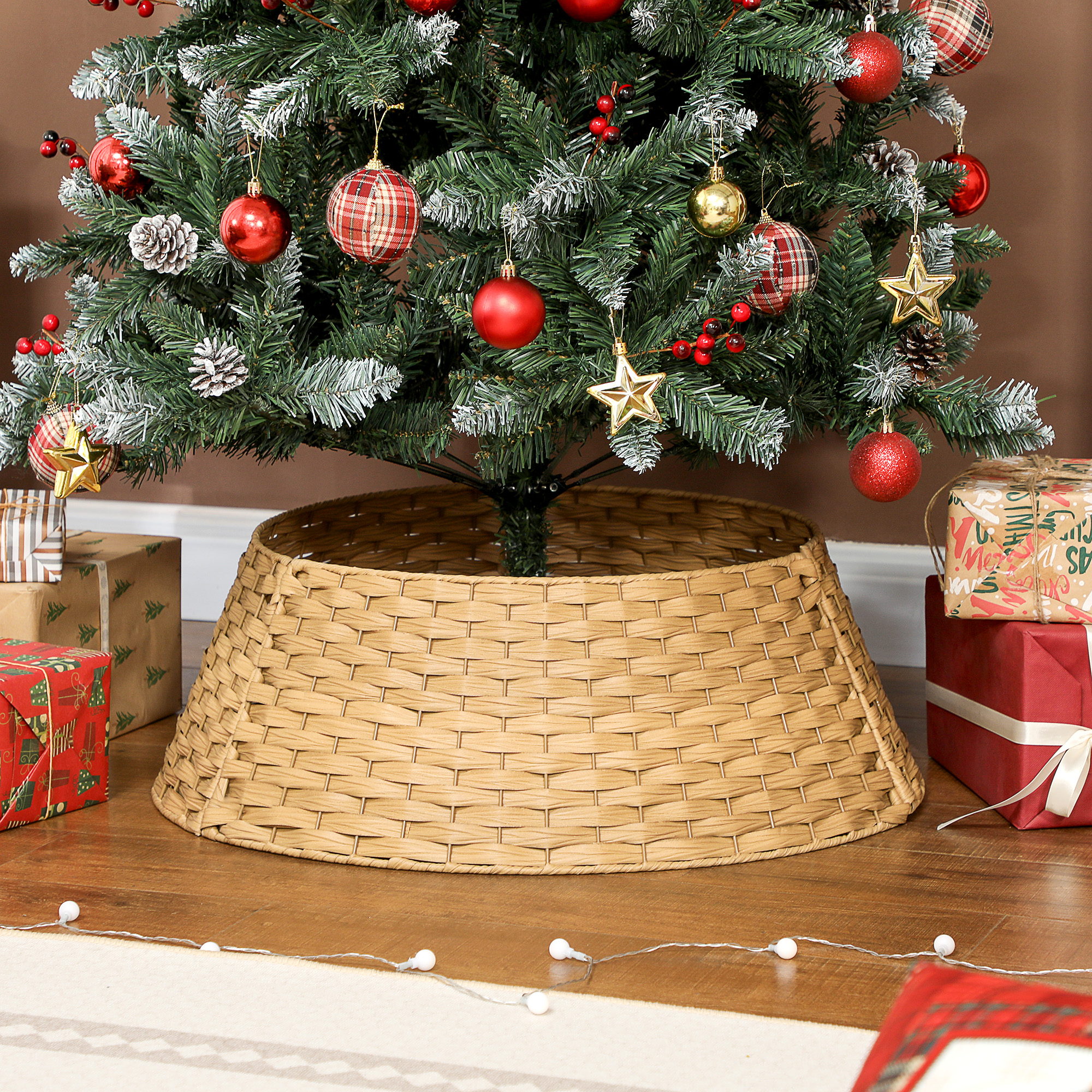 Weihnachtsbaumrock, Ø 68cm Weihnachtsbaum Kragen aus Kunststoff, für den Christbaum Ständer, Weihnachtsbaumständer Abdeckung für Zuhause, Party, Dekoration, Naturholz