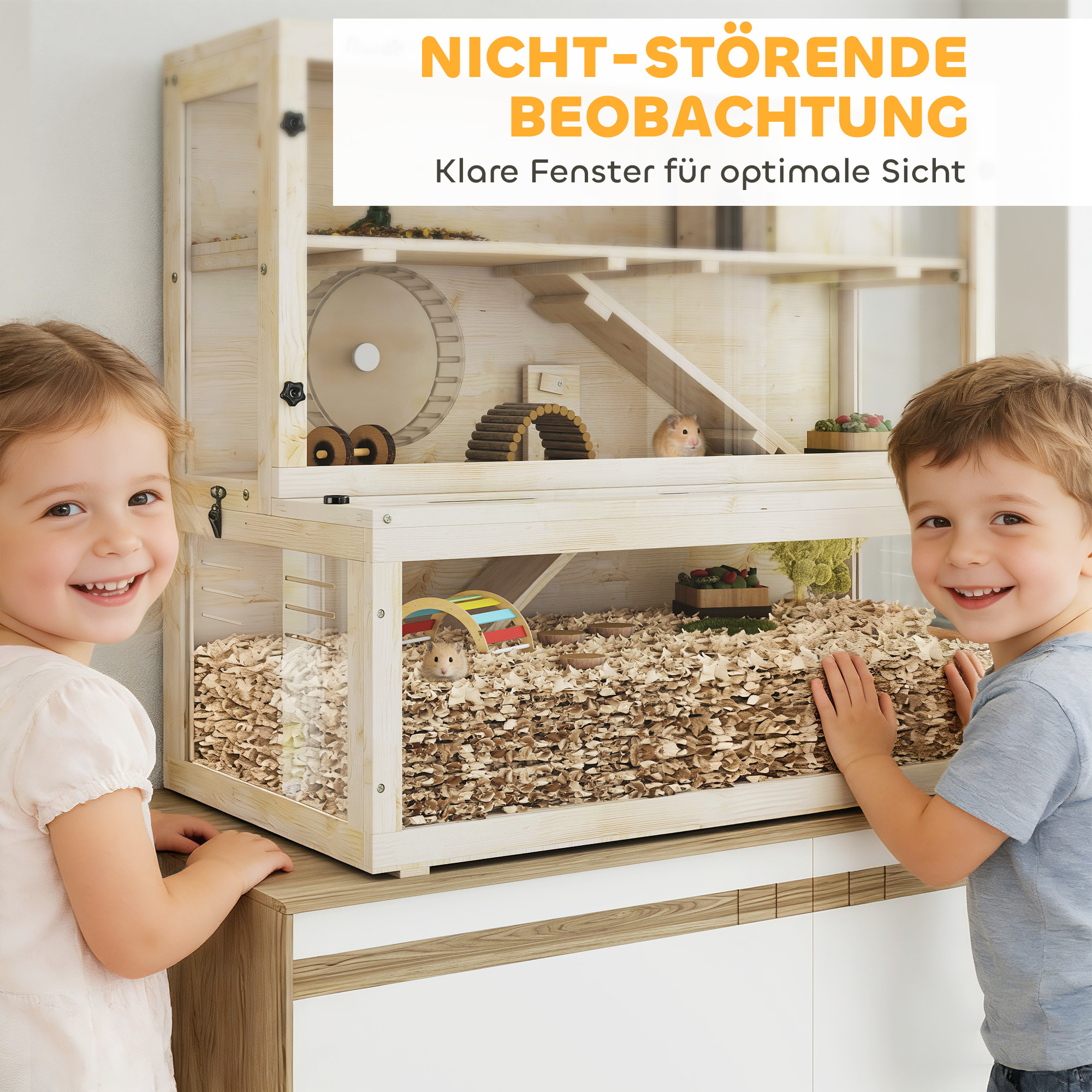 Hamsterkäfig, 3 Ebenen, Hütte, Zubehör, 100 x 50 x 84 cm, für mehrere Kleintiere, Holz, Kunststoff