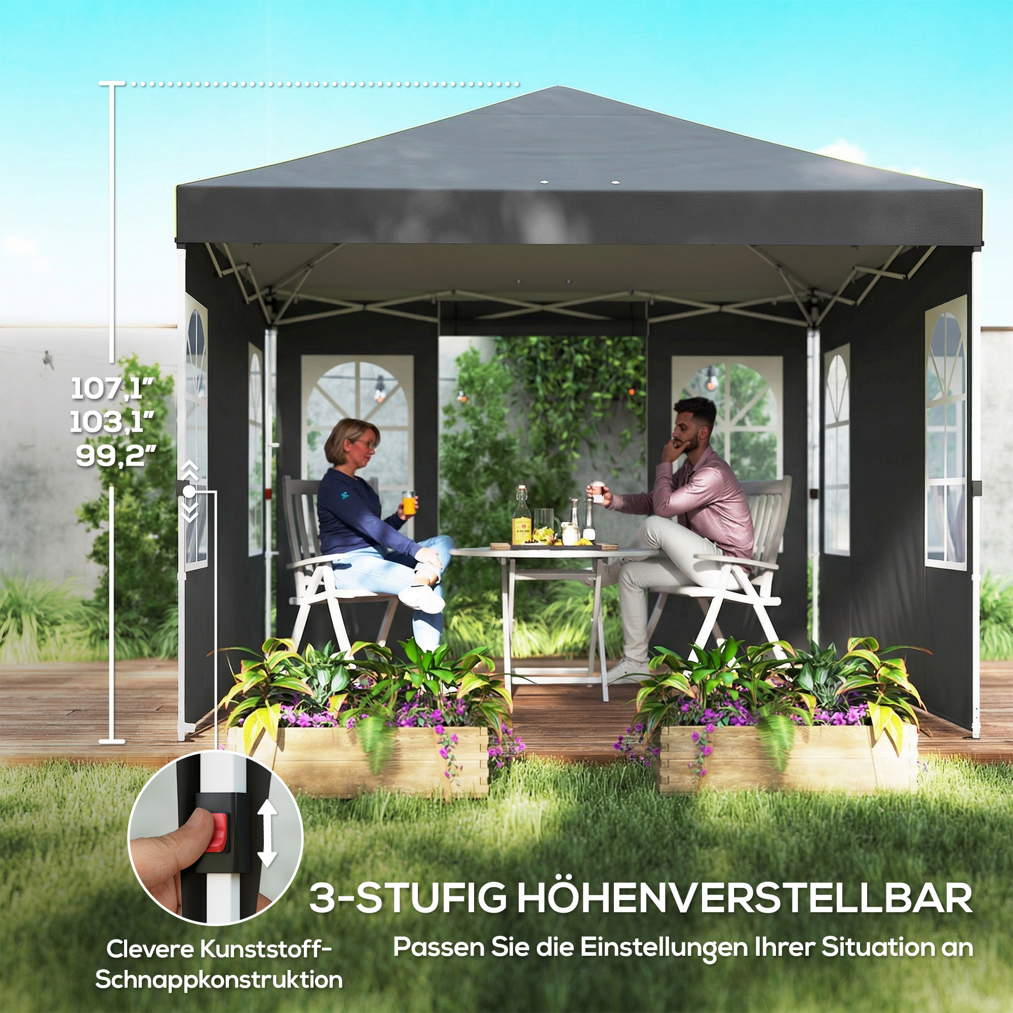 Pavillon 3x3m Wasserdicht Stabil Winterfest Pop-up Faltpavillon, Ein-Knopf-Aufbau, UV 50+ Dunkelgrau