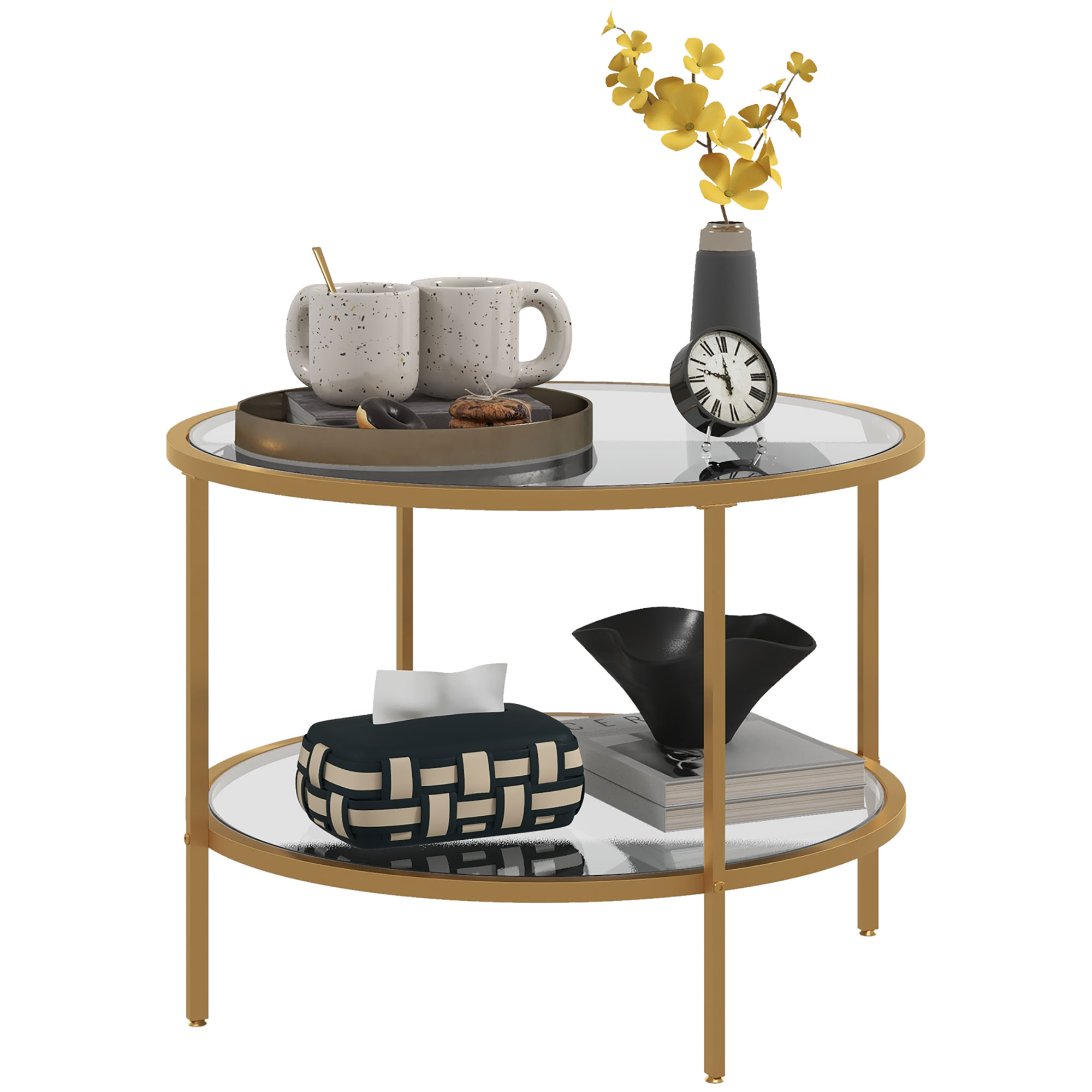 Beistelltisch, modernes Design, 2 Etagen, Ø60x43H cm, Goldton