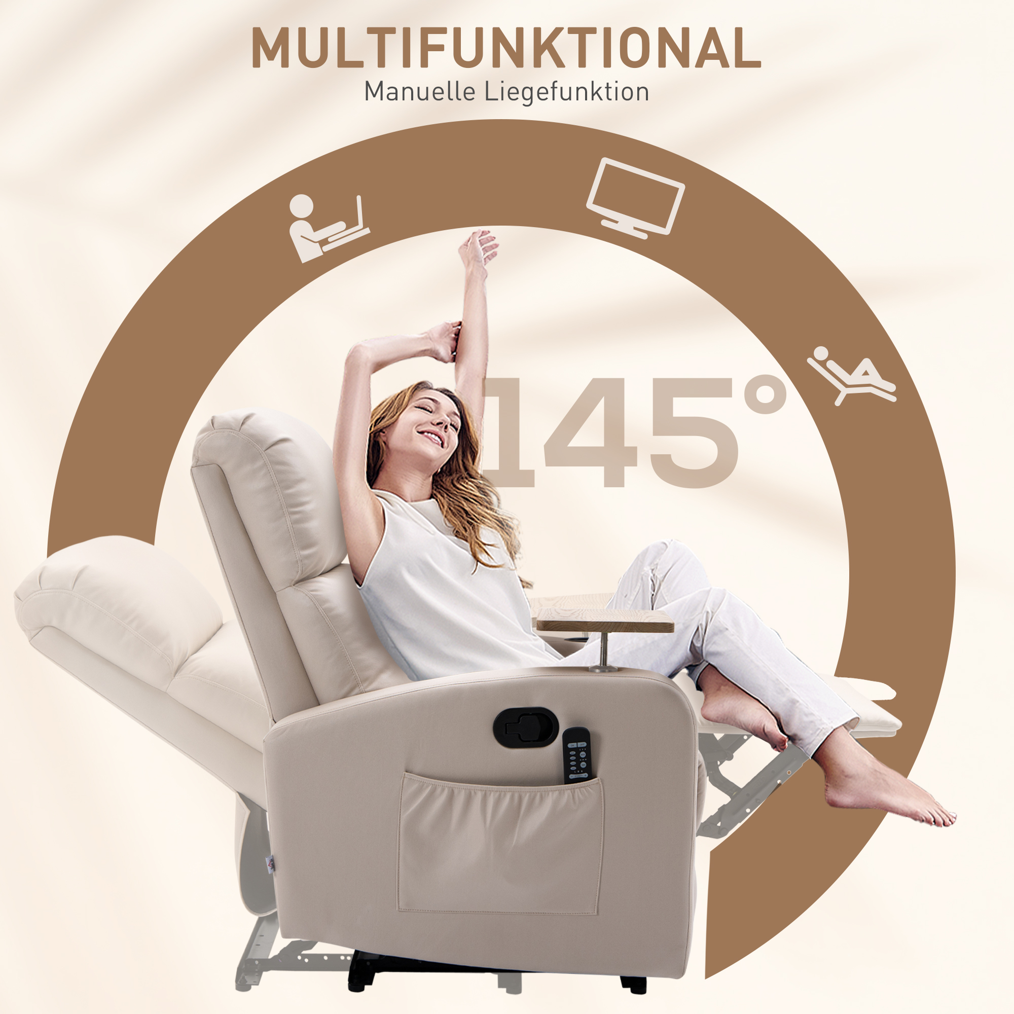 Massagesessel Relaxsessel Liegesessel, 1 Klapptisch, 1 Fußstütze; 77 cm x 93 cm x 105 cm, Beige