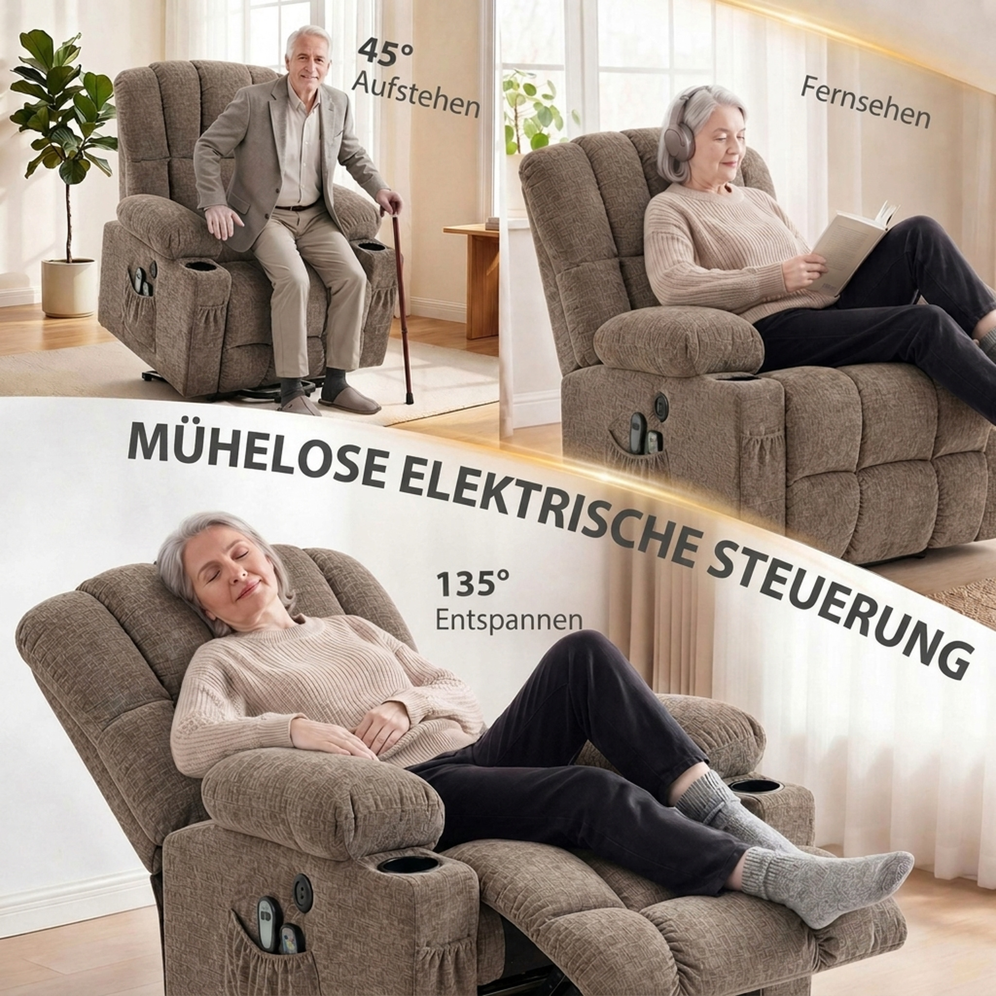 Fernsehsessel mit Aufstehhilfe, Elektrischer Relaxsessel mit Massage & Wärme, Liegefunktion, USB-Anschlüssen, Braun