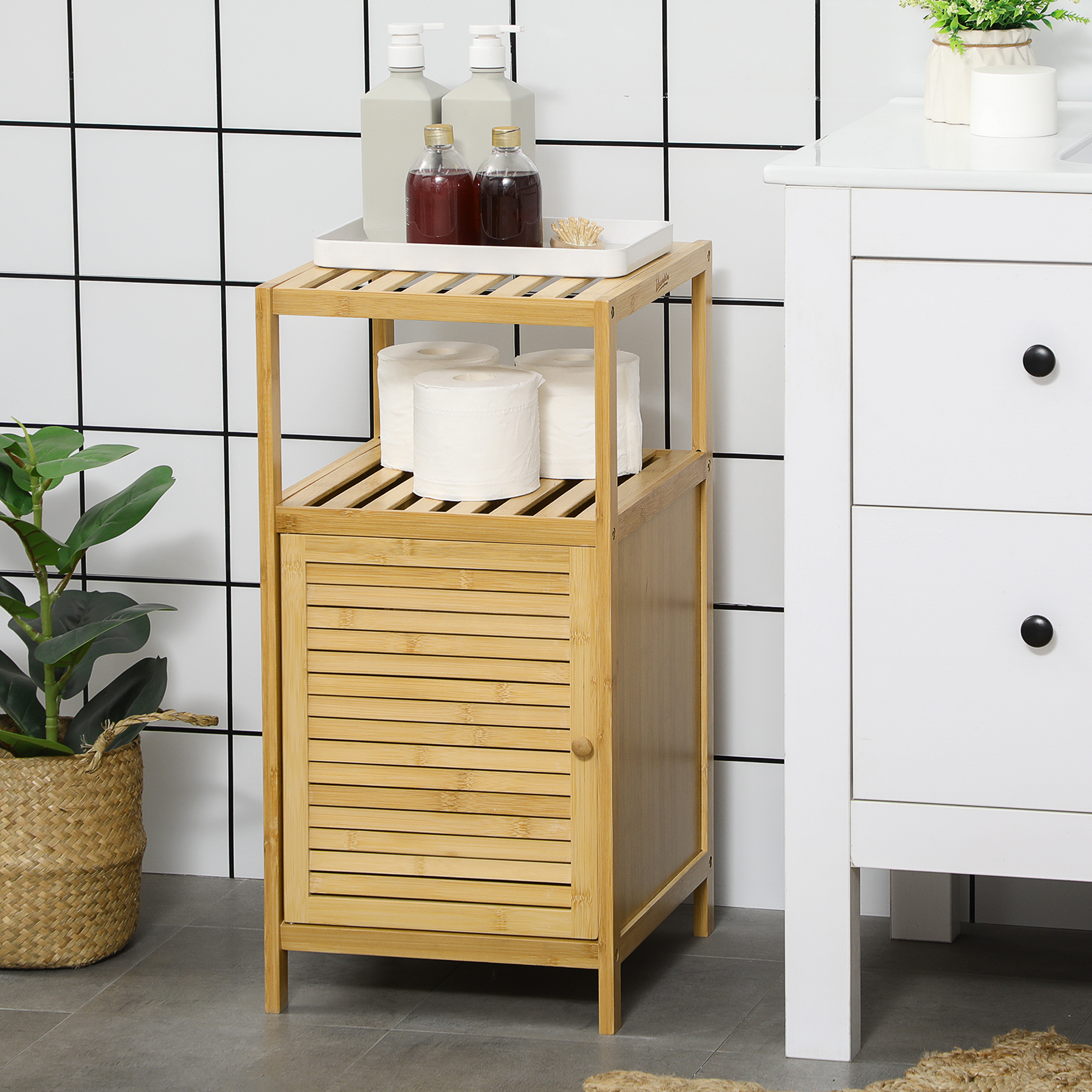 Badezimmerschrank Badregal, Bambus, 1Ablage, 1 Schrank, 33 cm x36.5 cm x67 cm, Natur