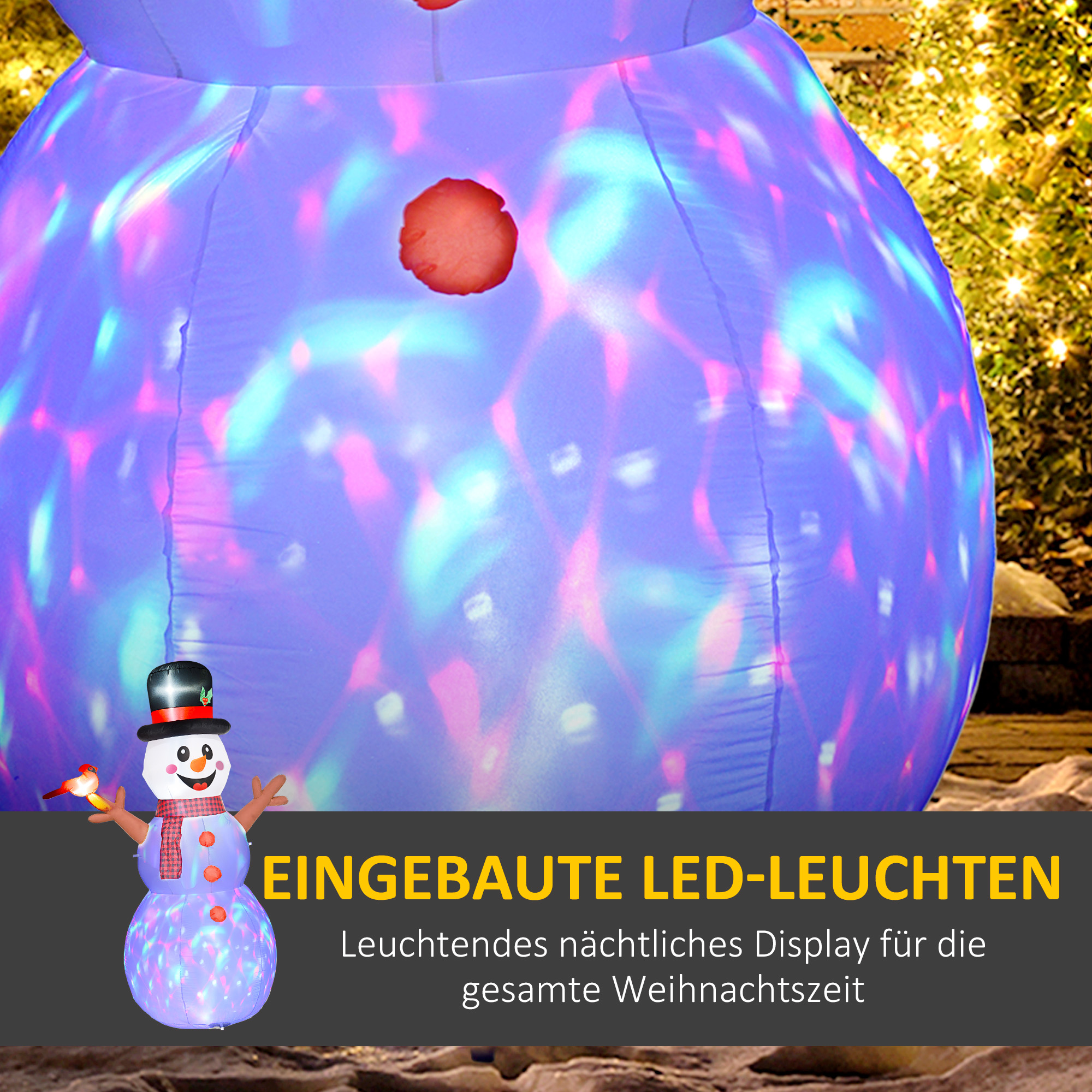 großer Schneemann, 2,40 m, Weihnachtsdeko, mit LEDs, selbstaufblasend, Polyester