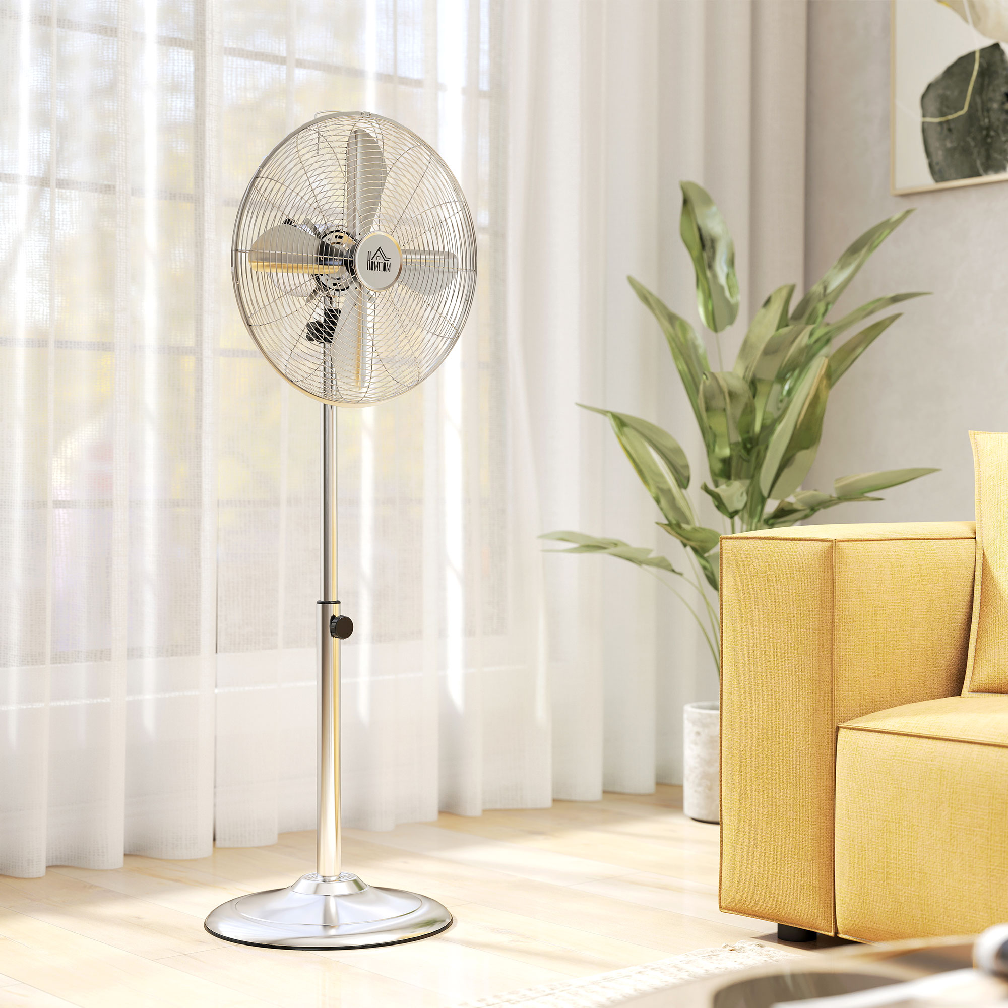 120 cm Standventilator, Ventilator, Höhenverstellbarer Lüfter, 3 Geschwindigkeitsstufen, Verstellbarer Neigungswinkel, Stahl, Silber