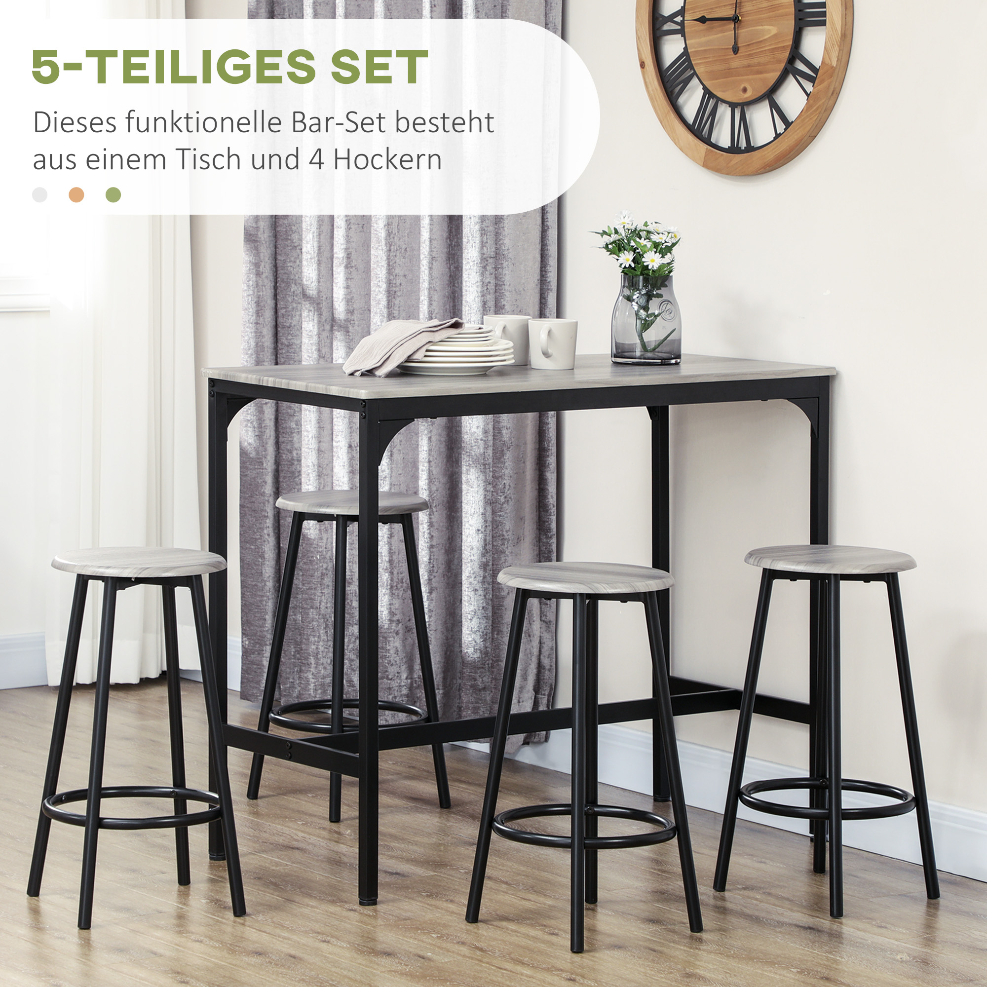 Bargarnitur, 5-teilig, Tisch & 4 Hocker, Industrie-Design, kompakt, rustikal