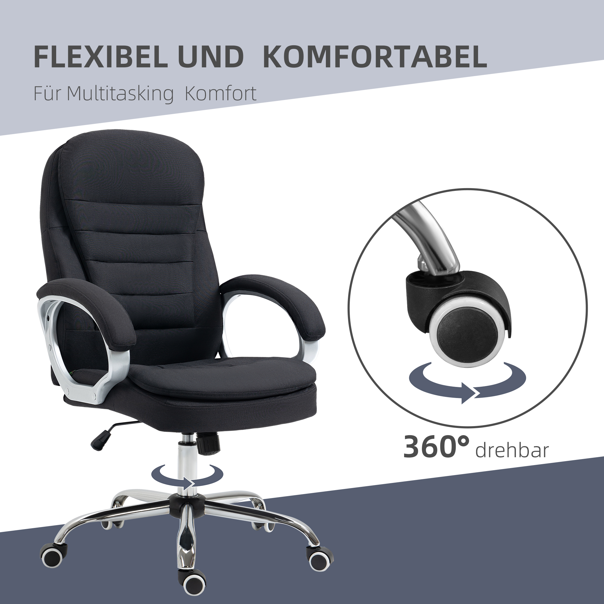 Bürostuhl Arbeitsstuhl Schreibtischstuhl Drehstuhl 360° Ergonomisch Wippfunktion Höhenverstellbar Schwarz Leinen 64 x 75 x 111-121 cm