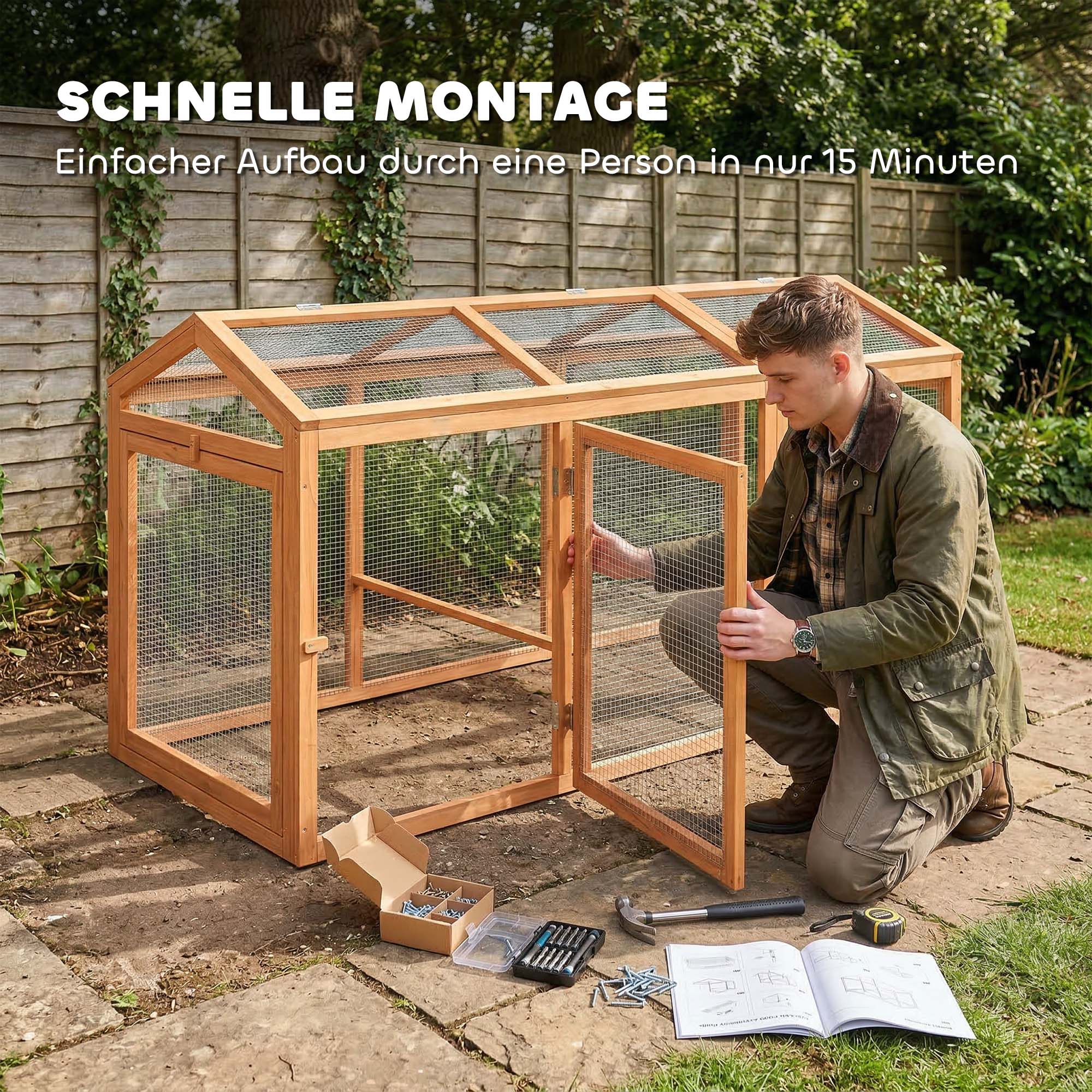 Hühnerstall Freilaufgehege mit Sitzstange Doppeltüren, aus Holz und Metall, für 4 Hühner, 156 x 70,5 x 84 cm Orange