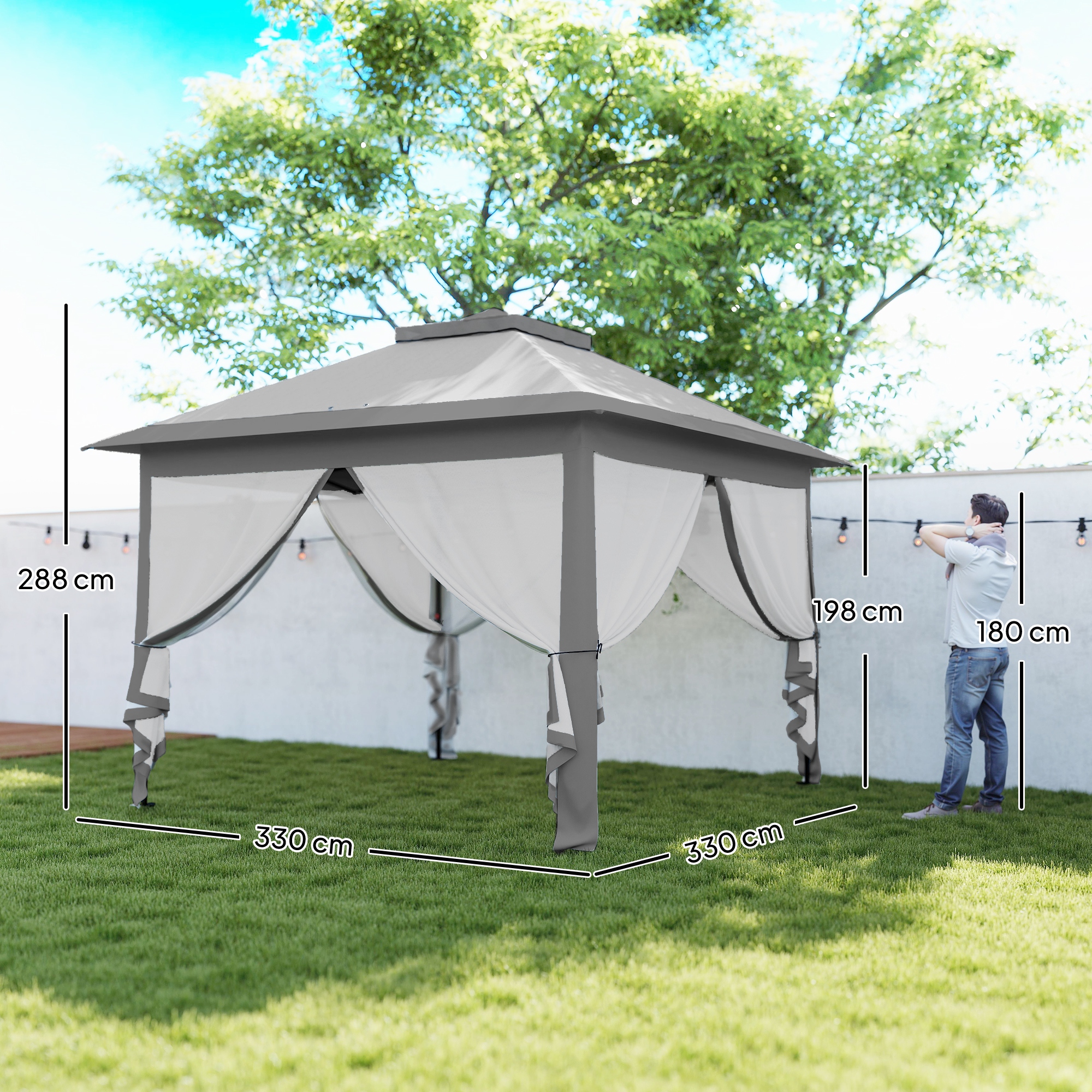 Faltpavillon, Gartenpavillon, Metall und Stoffplane, Netzvorhänge, Entwässerungslöcher, 330L x 330B x 288H cm, Grau