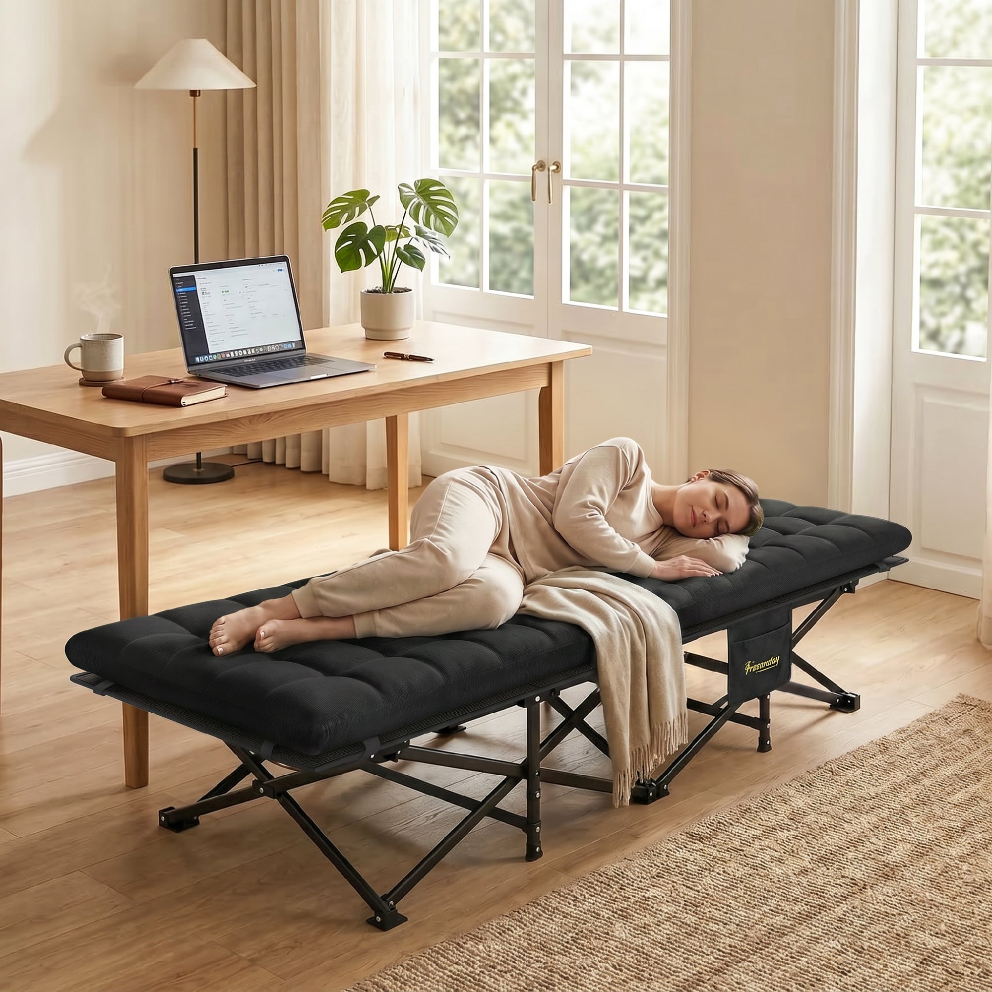 Feldbett faltbar Campingbett mit Tragetasche Campingliege bis 200 kg Indoor, Outdoor, 200 x 80 x 40 cm Schwarz