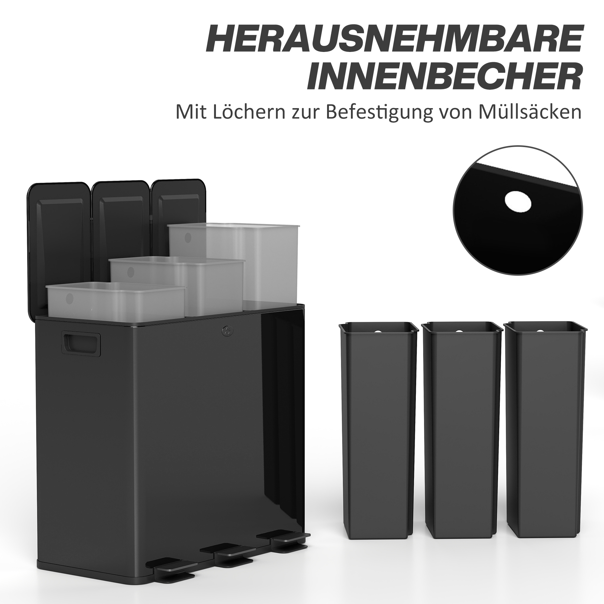 Mülleimer mit 3 x 20l Fächern, Deodorant-Deckel, fingerabdrucksicher, Soft-Close, herausnehmbar, Schwarz