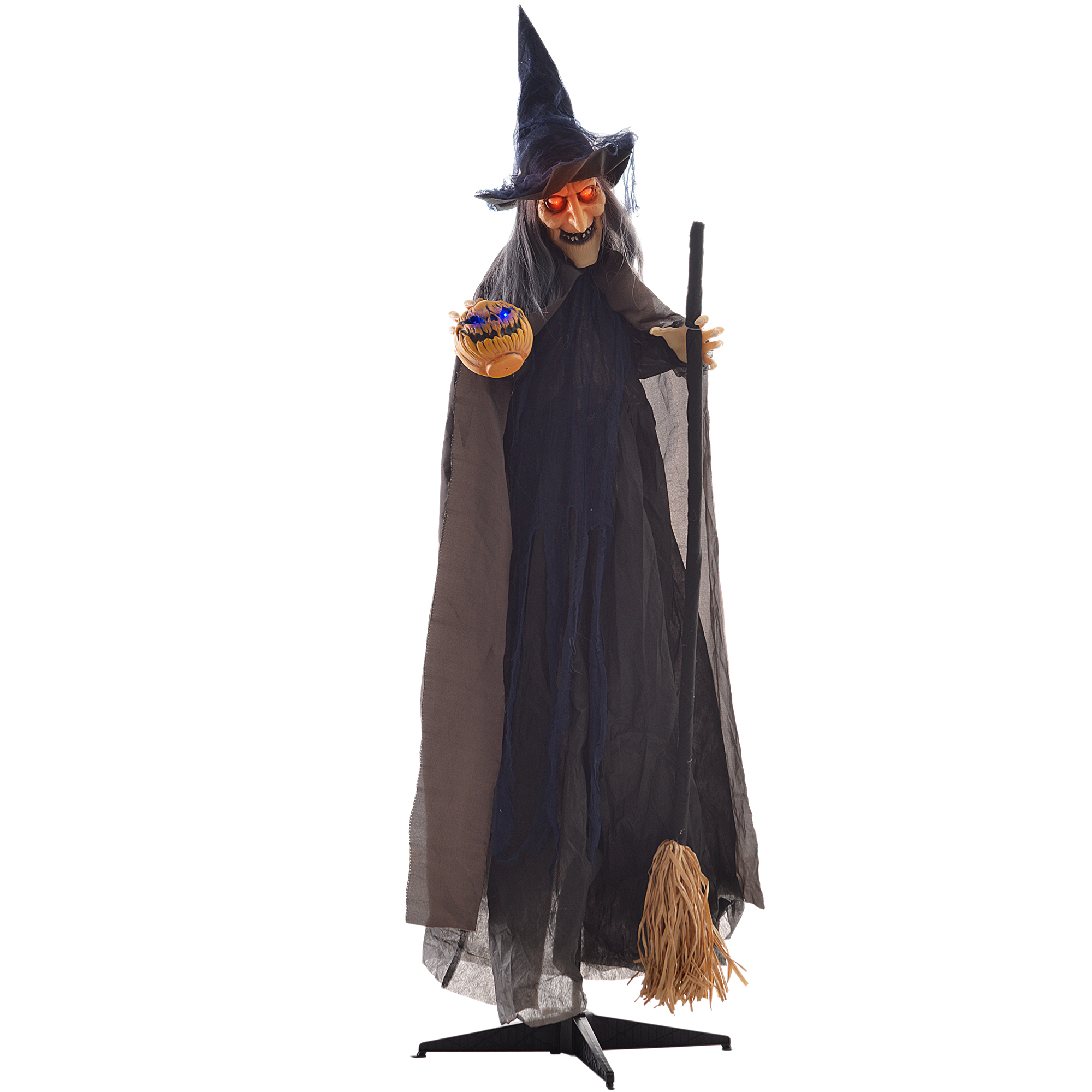 Halloweendekoration Hexe mit Besen, leuchtende Augen, gruselige Geräusche, biegsame Arme, 107x65x190 cm Halloweendekoration Hexe mit Besen, leuchtende Augen, gruselige Geräusche, biegsame Arme, 107x65x190 cm