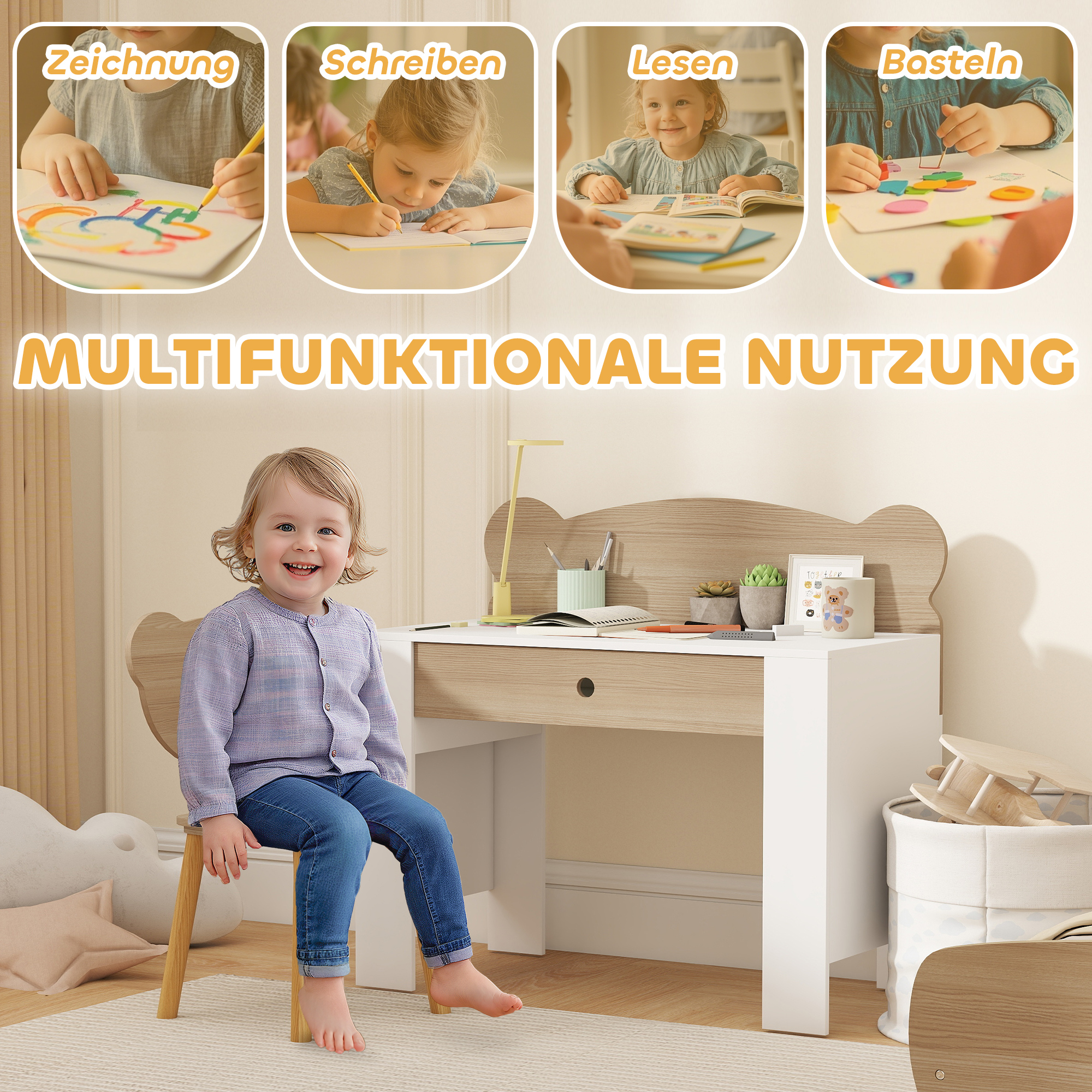 Schreibtisch-Set für Kinder, Arbeitstisch und Stuhl mit Bärenform, Schublade, zum Schreiben und Basteln, 3-8 Jahre, Naturholz