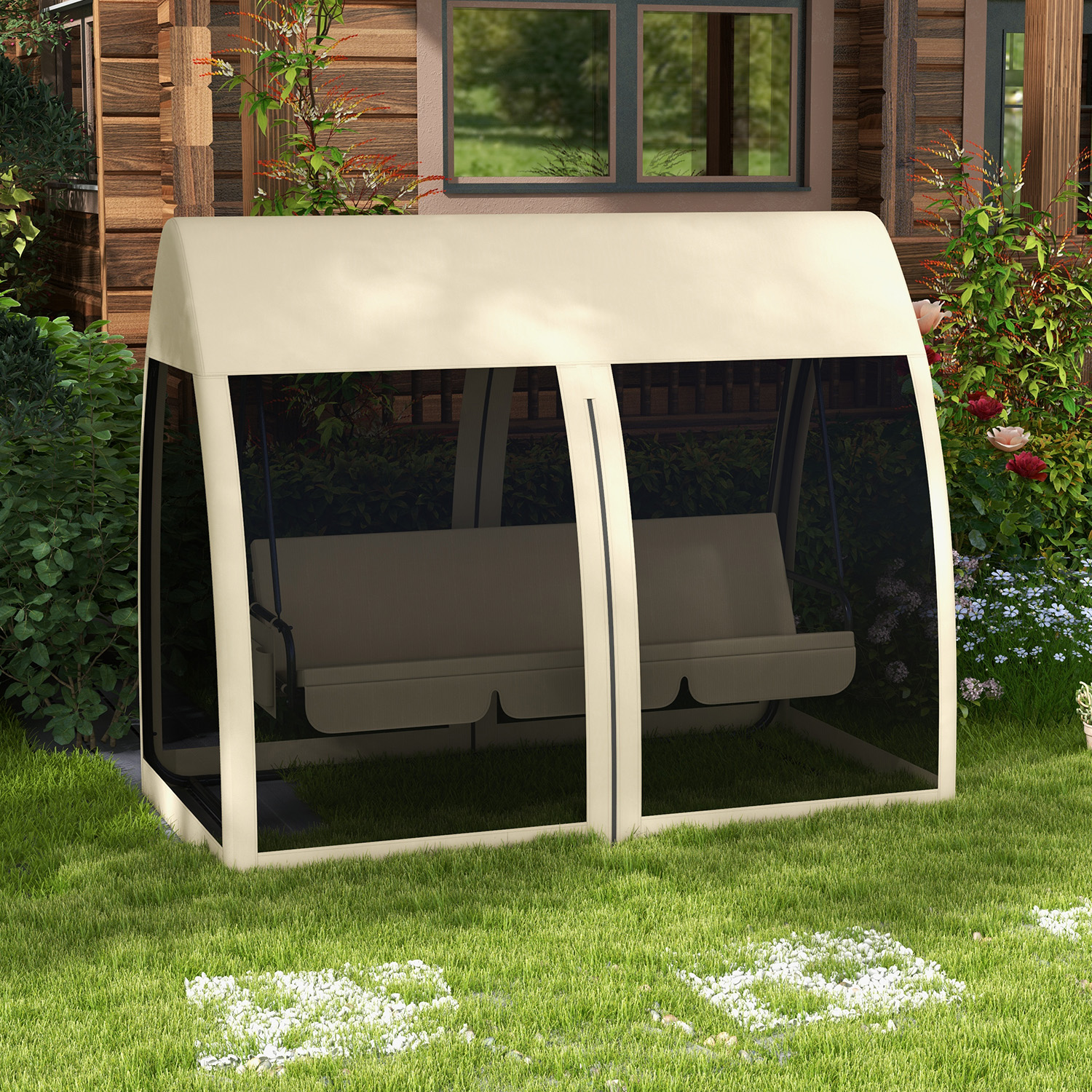 3-Sitzer-Terrassen-Schaukel, Veranda-Schaukel mit Bettfunktion, Hollywoodschaukel mit Mückennetz und Stahlrahmen, Kaffee