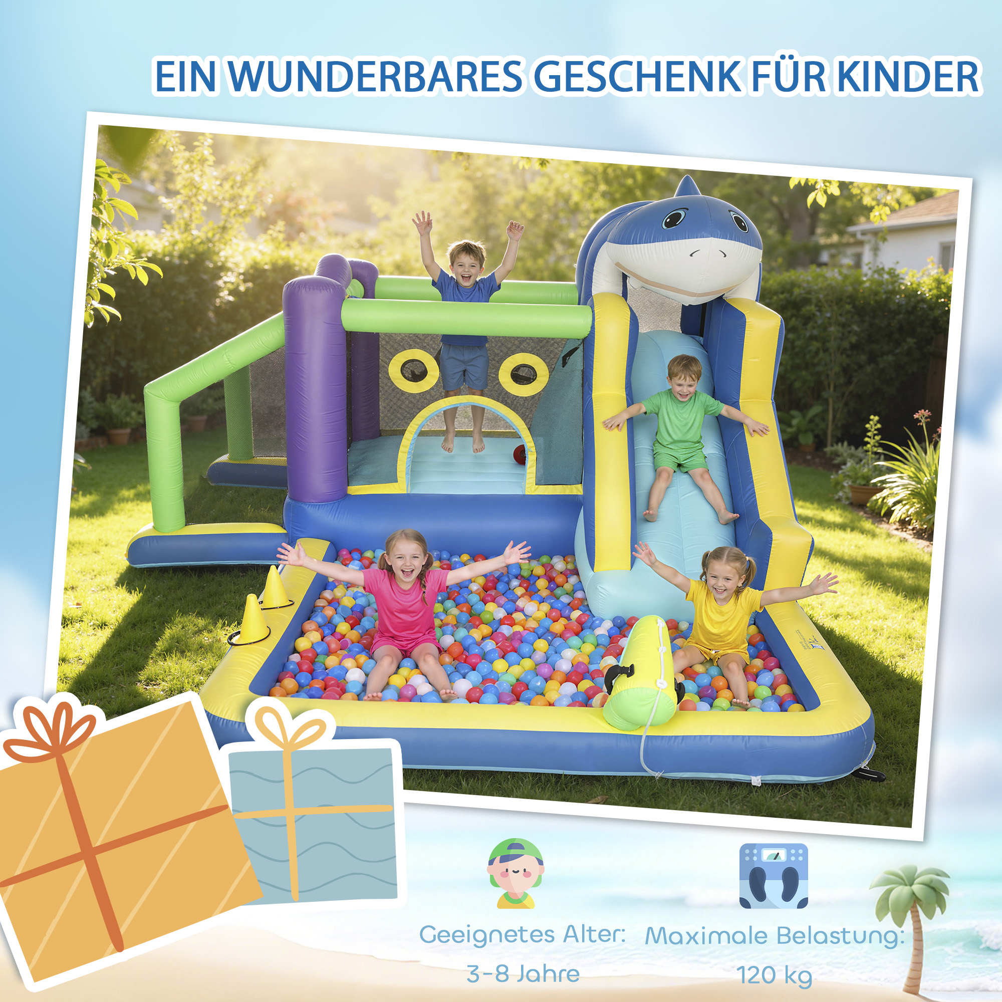 8-in-1 Hüpfburg mit Hai-Design Gebläse, Rutsche, Planschbecken Trampolin für 3-8 Jahre 405x345x235cm, mehrfarbig