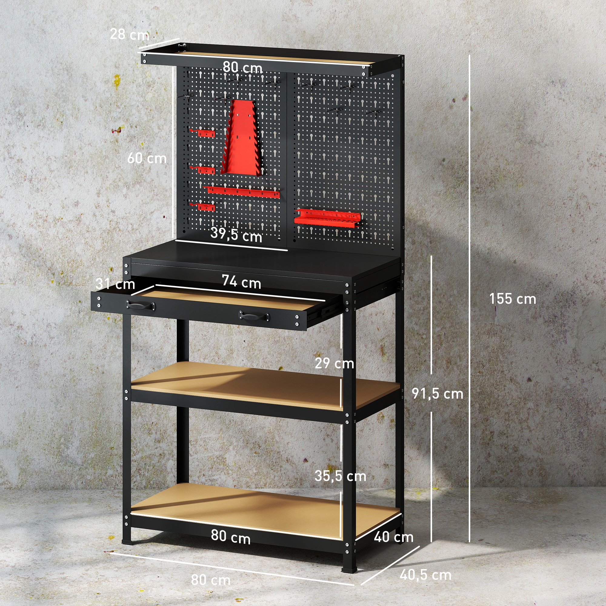 Werkbank 80 x 40,5 x 155 cm Werkzeugbank mit Lochwand, Haken,  Schublade, 2 Ablagen für Werkstatt Schwarz