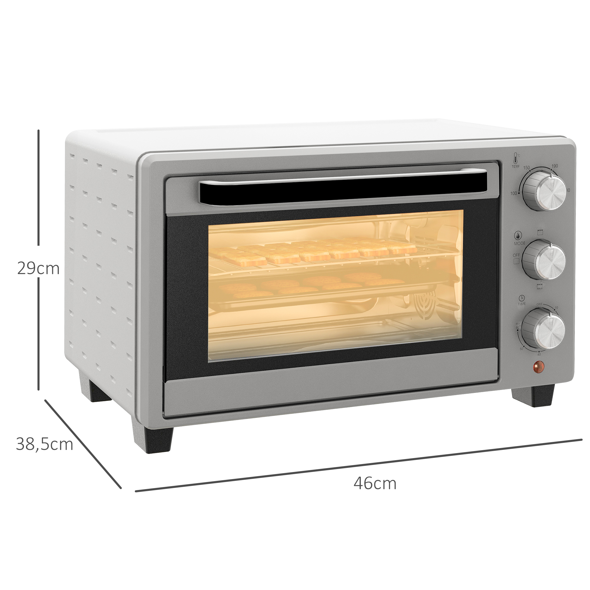 Minibackofen, 21 L Toasterofen mit 1 Drahtgestell und 1 Backblech, 3 Kochmodi, 100 °C-230 °C, Edelstahl, Glas, Silber