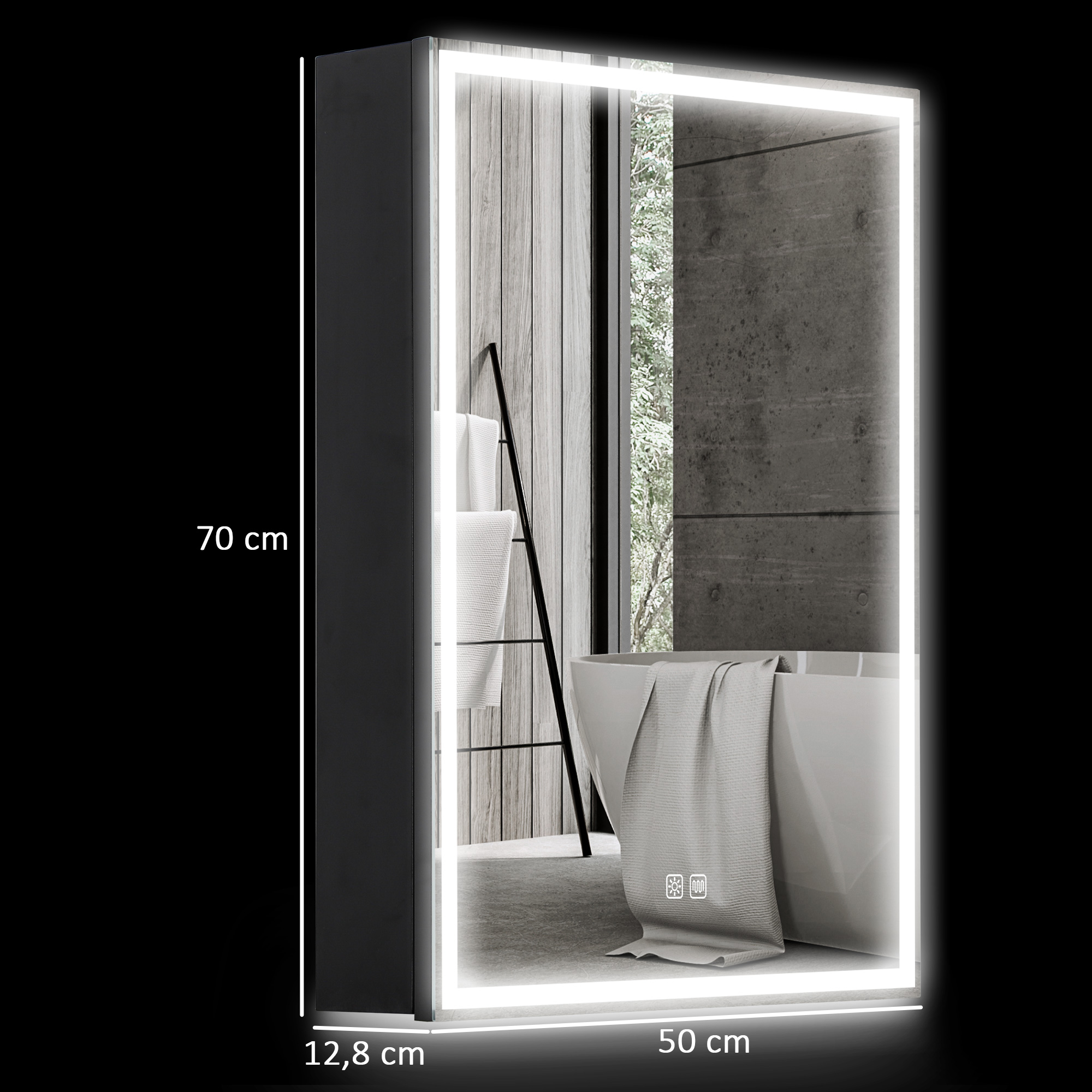 Spiegelschrank, Badschrank mit LED, 50 x 70 cm, dimmbar, Anti-Beschlag, Schwarz