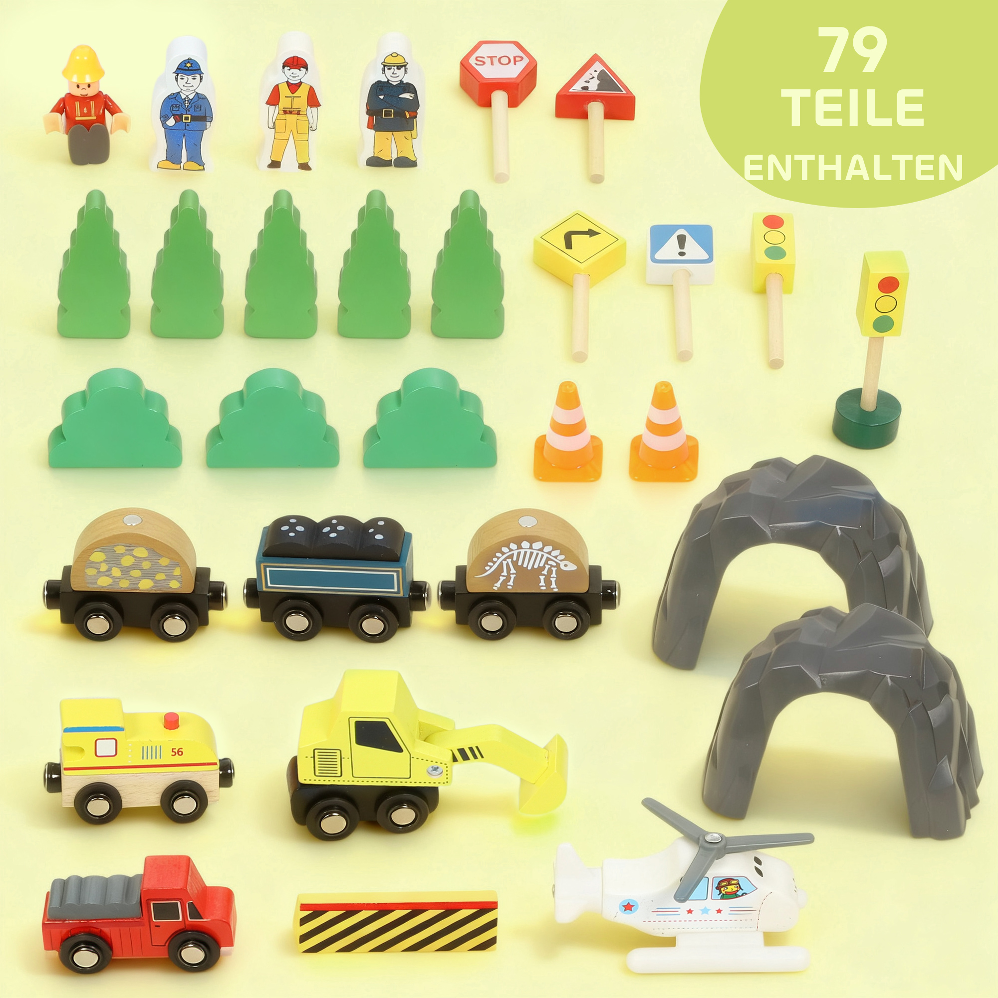 Eisenbahnset aus Holz, 79 Teile, 4 Ebenen, Aufzug, Kran, erweiterbar, Bunt