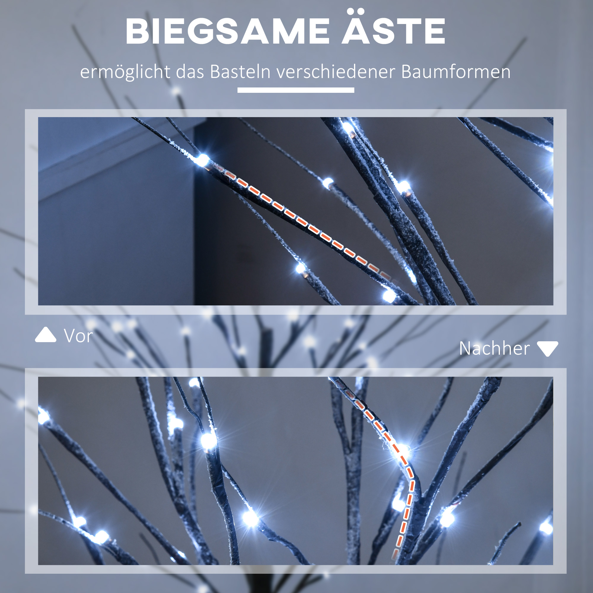 künstliche Birke mit LED-Beleuchtung, 96 kaltweiße Mikro-LEDs, 150 cm, Braun