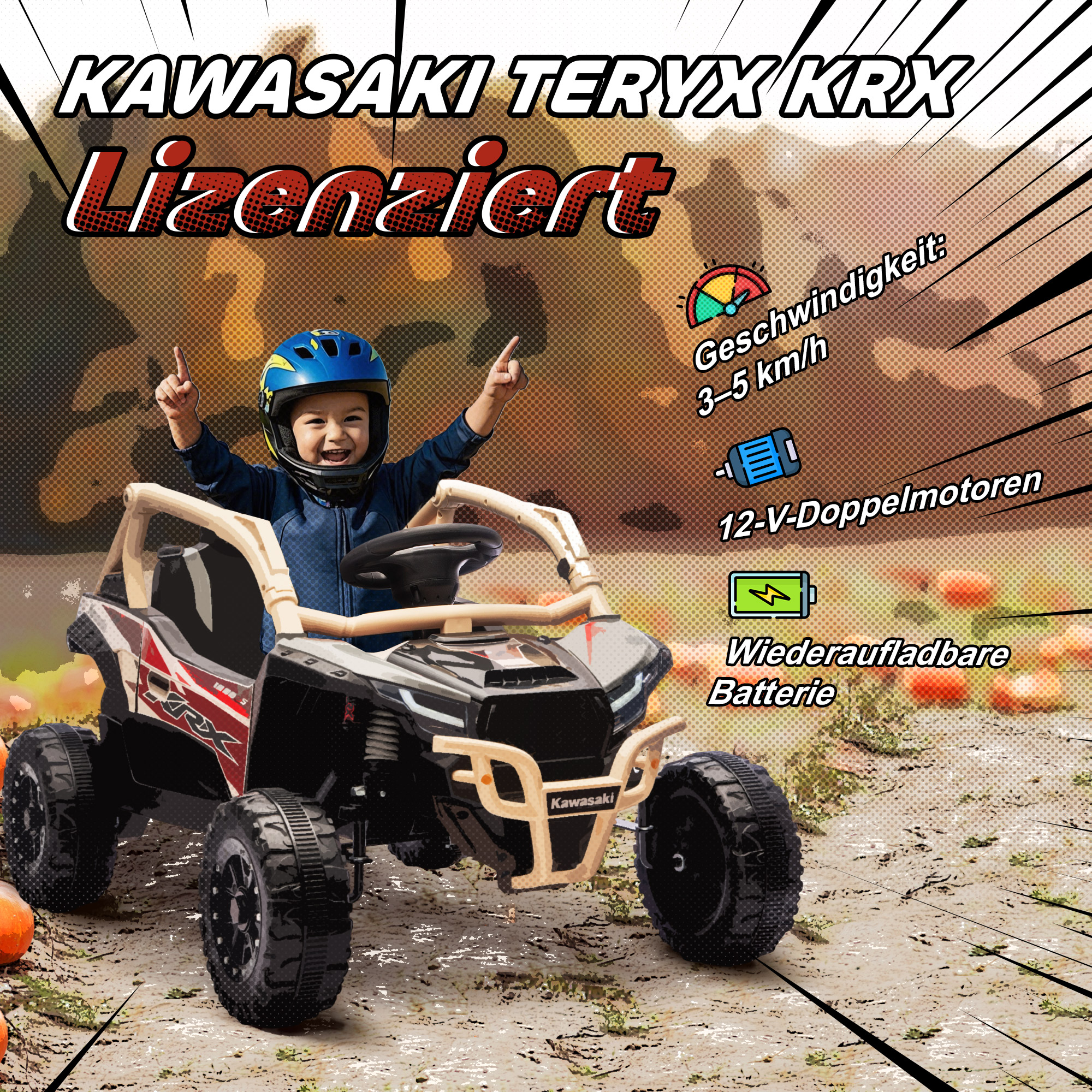 12V Geländefahrzeug für Kinder, Fernbedienung, LED-Lichter, Musik, Hupe, für Kinder von 3-8 Jahren, Gelb