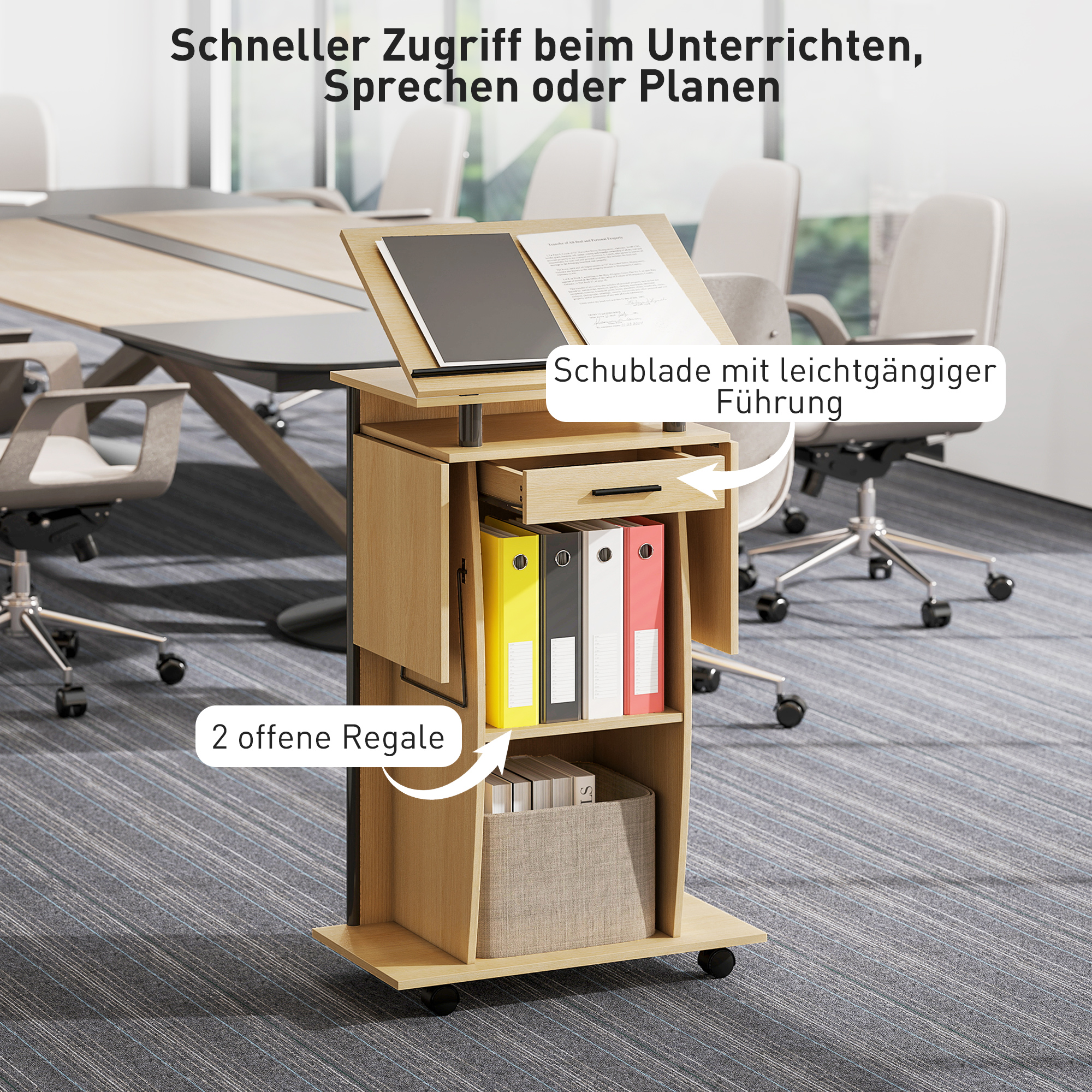 Rollbarer Podiumsständer, Redepult mit klappbaren Seitenflügeln, Laptop-Tisch mit Schublade und Regalen, Eichenoptik