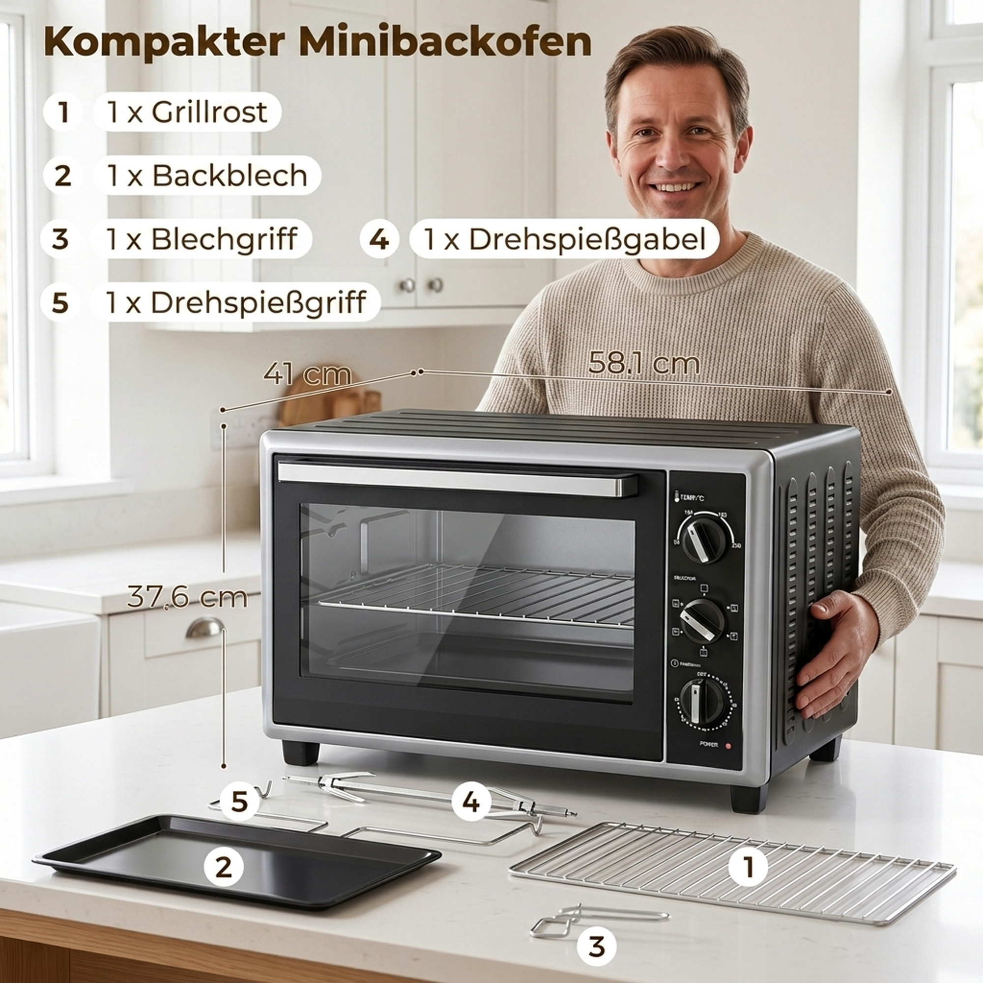 46 L Mini-Backofen mit Drehspieß, Umluft, Temperaturregelung und Timer, 1800 W, Schwarz