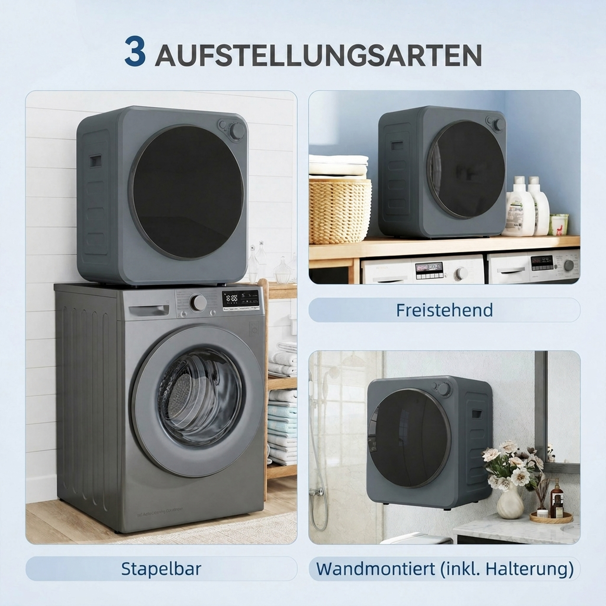 Mini Wäschetrockner 4 kg mit 5 Programme bis zu 60℃ 800W/400W Ablufttrockner mit Edelstahltrommel Grau