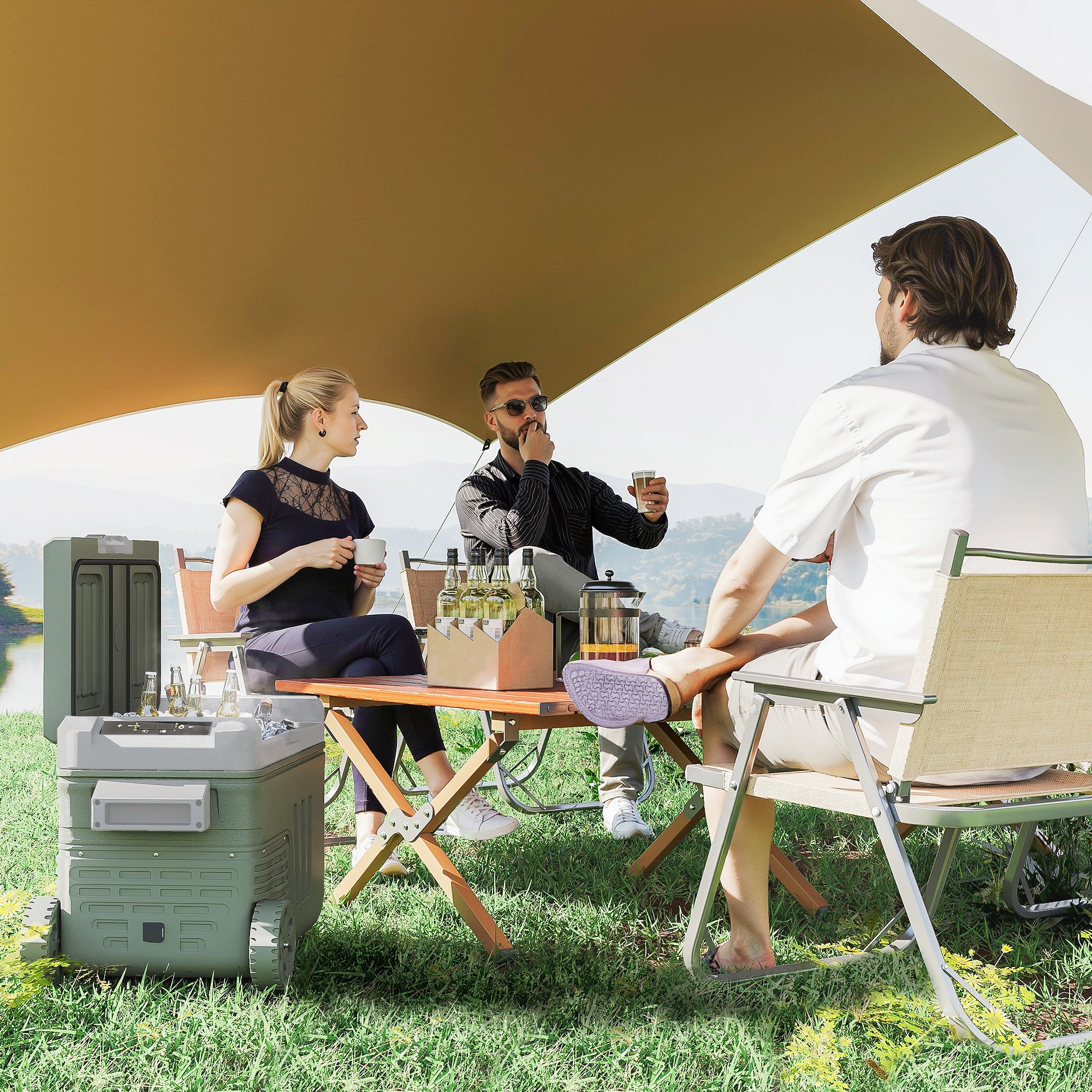 33 L Campingkühlschrank, Reisekühlbox, tragbarer Autokühlschrank mit 2 Fächern und Rädern, Kunststoff, Grün