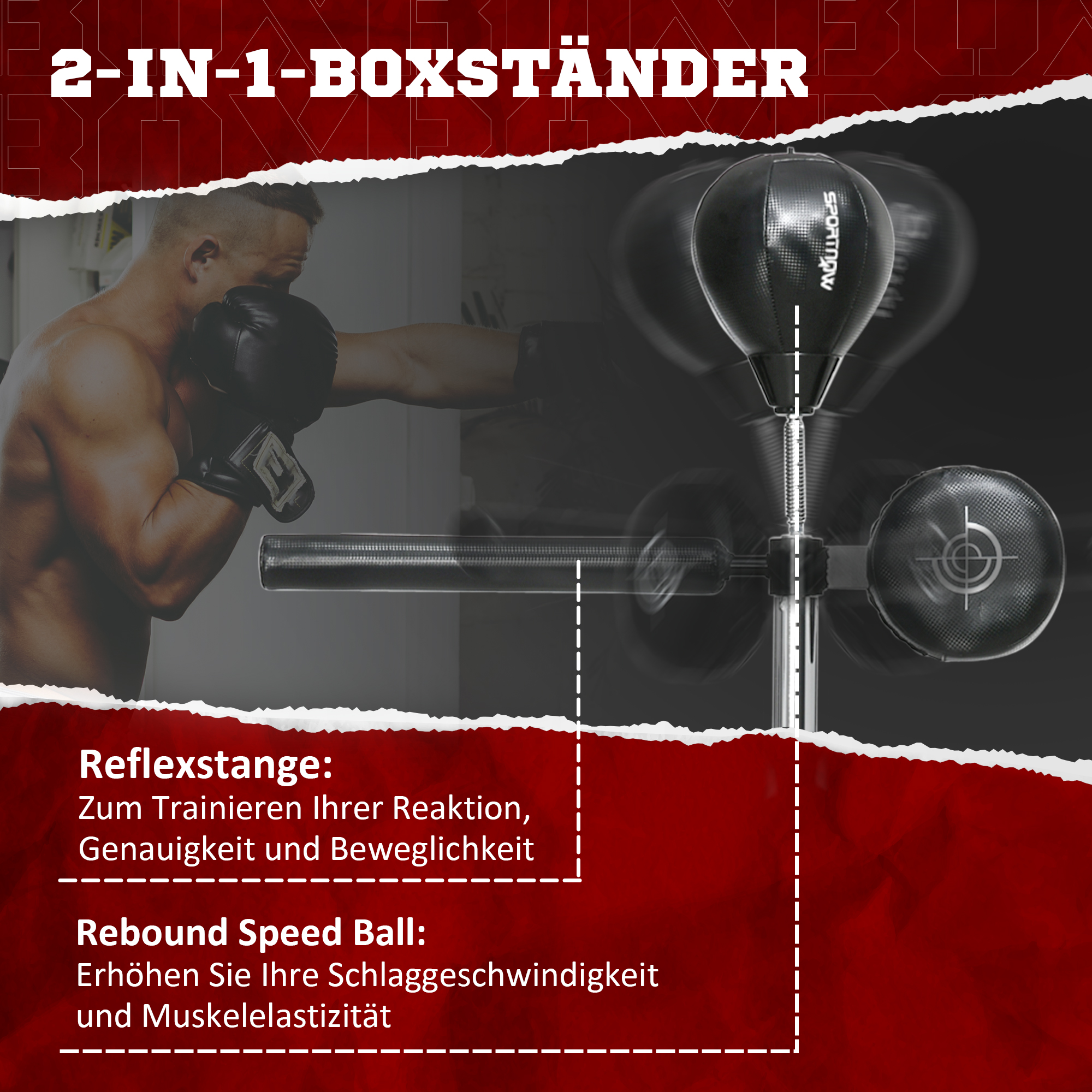 Höhenverstellbarer Punchingball, 360° drehbar, inkl. Boxbandagen, Schwarz, 80,5 x 48 x 163-205 cm