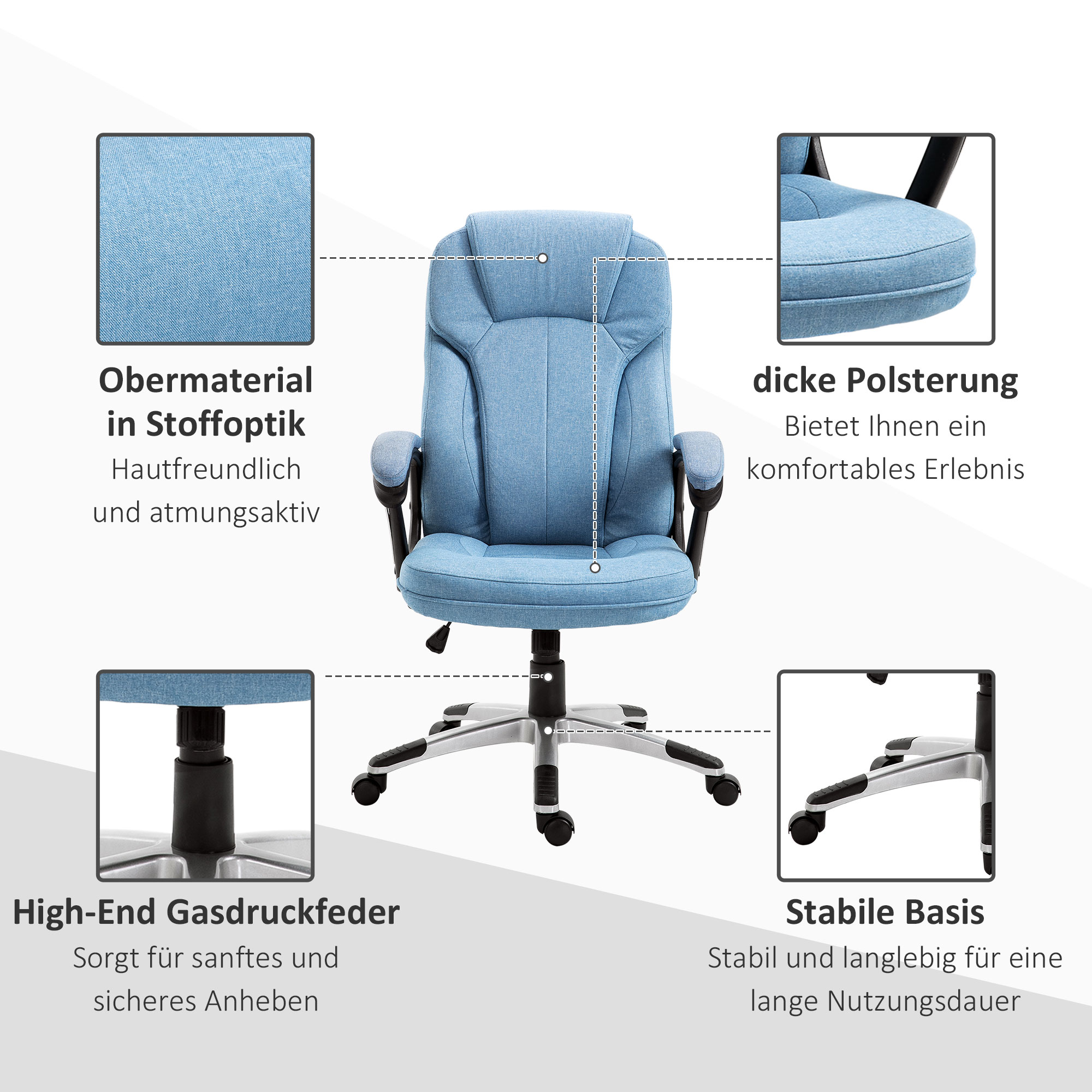 Bürostuhl Computerstuhl Drehstuhl höhenverstellbar Wippfunktion mit Kopfstütze und gepolsterte Armlehnen Ergonomisch Hellblau Leinen 66 x 75 x 110-120 cm