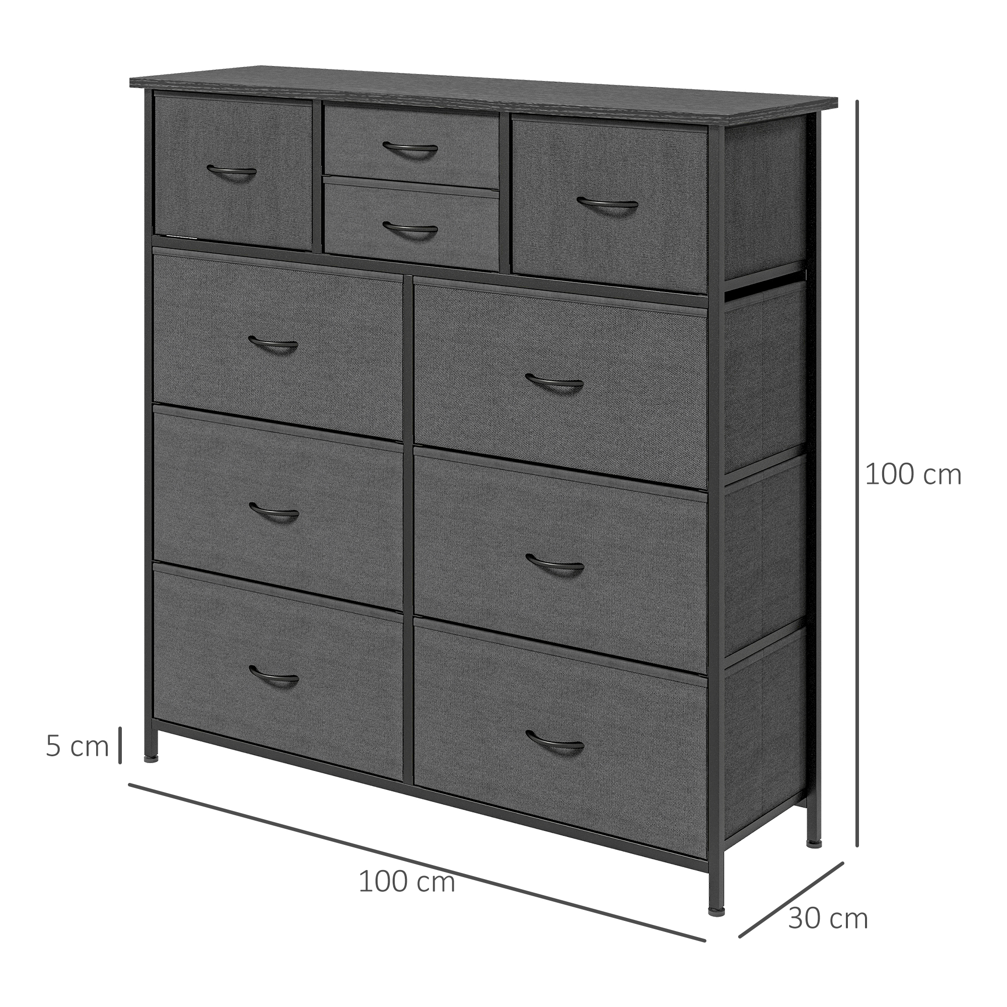 Kommode, Sideboard mit Stoffschubladen, 10 Fächer, Metallrahmen, 100x30x100cm, Schwarz
