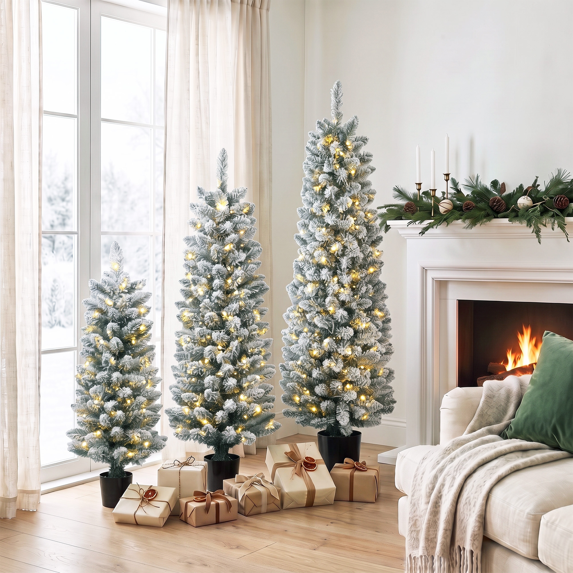 3er-Set schneebeflockte LED-Weihnachtsbäume, schmal, mit PVC-Zweigen, 90/120/150 cm