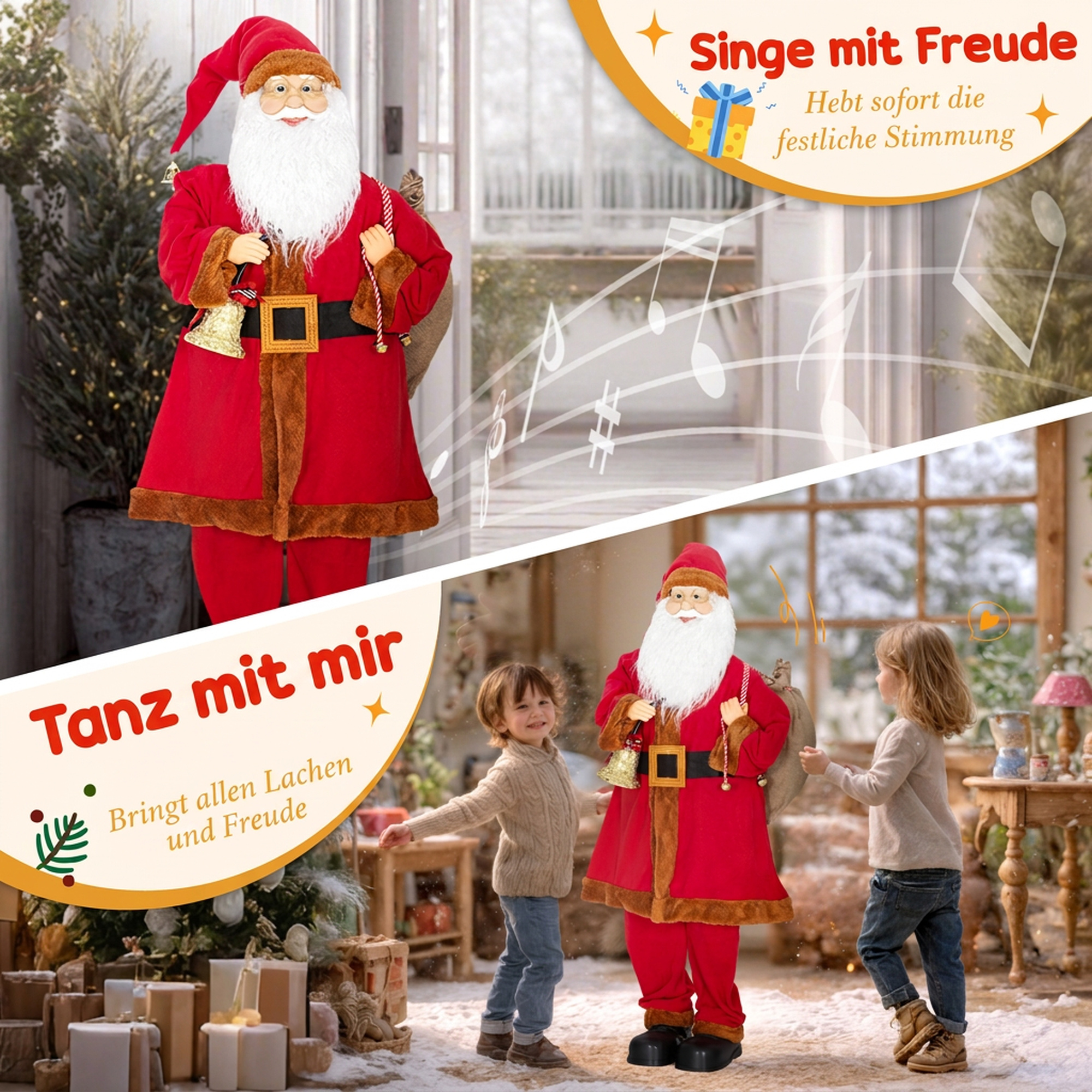 Weihnachtsmann 120 cm Nikolaus Figur mit Beweglichem Kopf und Armen, Glocke und Sack, Geräusch- und Berührungssensor