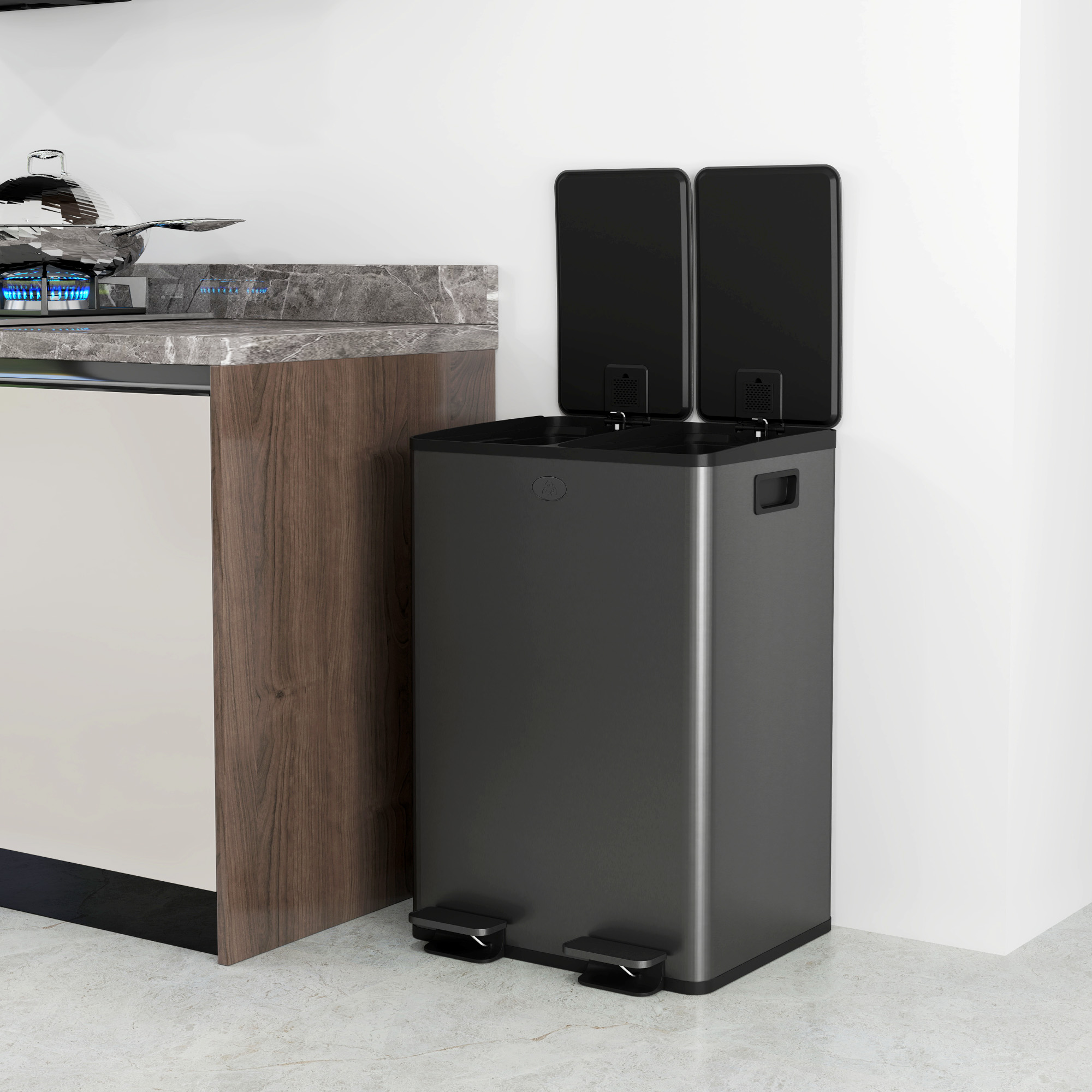 2 x 28 L Doppelmülleimer, Pedalöffnung, leicht zu reinigen, Edelstahl, Kunststoff, Schwarz