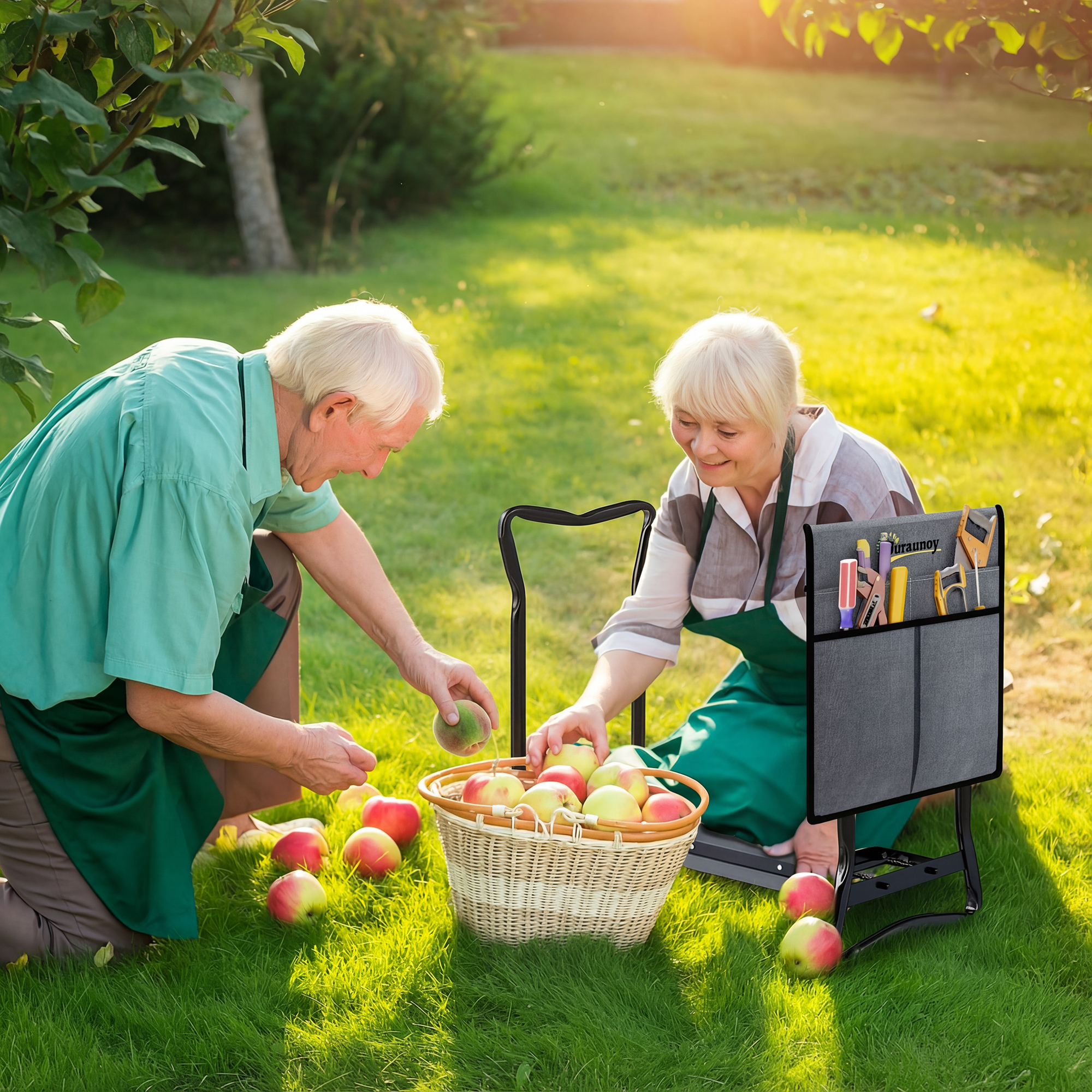 Kniebank für Gartenarbeit klappbar Gartenhocker mit Kniekissen Werkzeugtaschen bis 150 kg 58 x 28 x 49cm Grau
