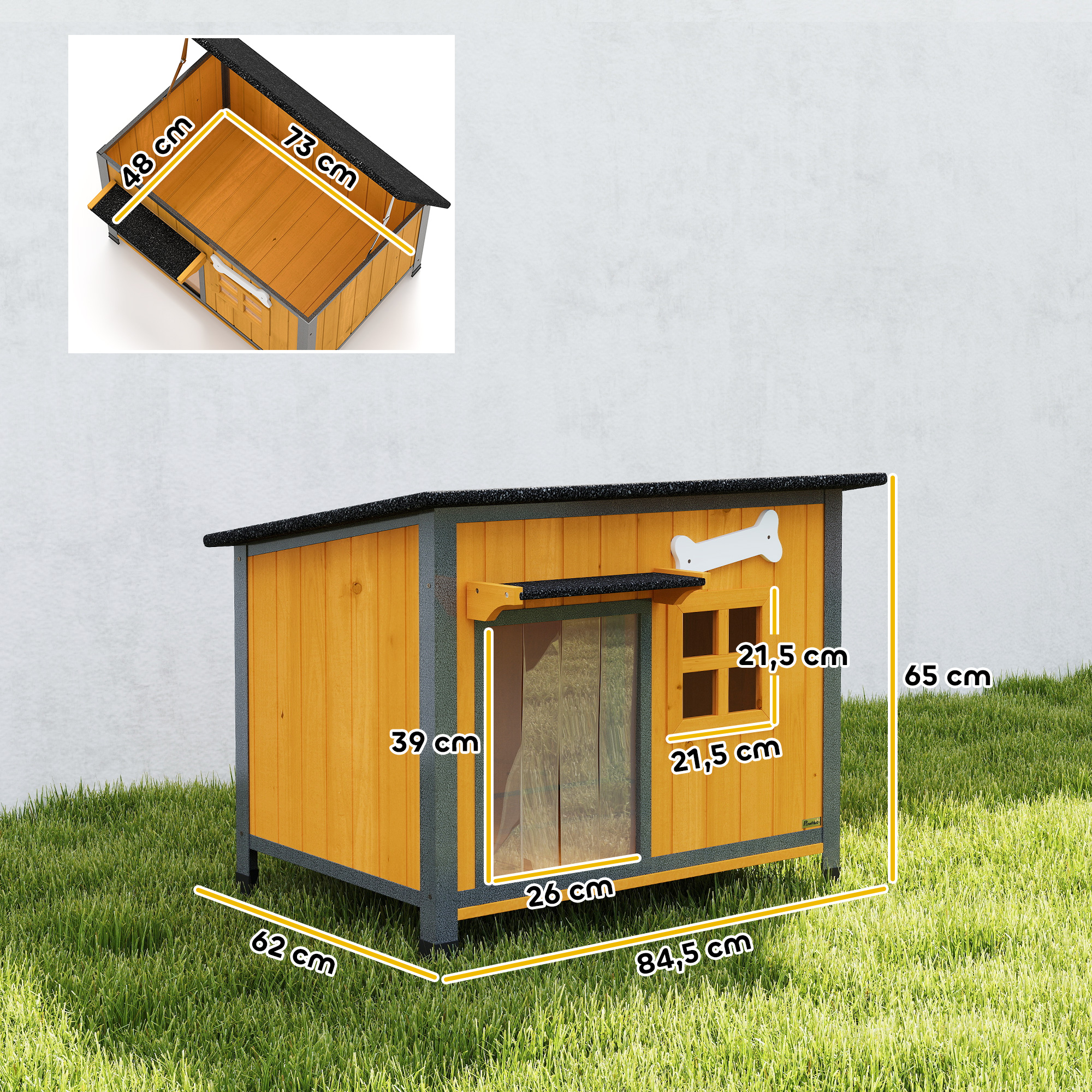 Hundehütte Holz Outdoor Hundehaus mit Asphalt-Dach zum Öffnen herausnehmbarem Boden Türvorhang Stahlrahmen 84,5x62x65cm
