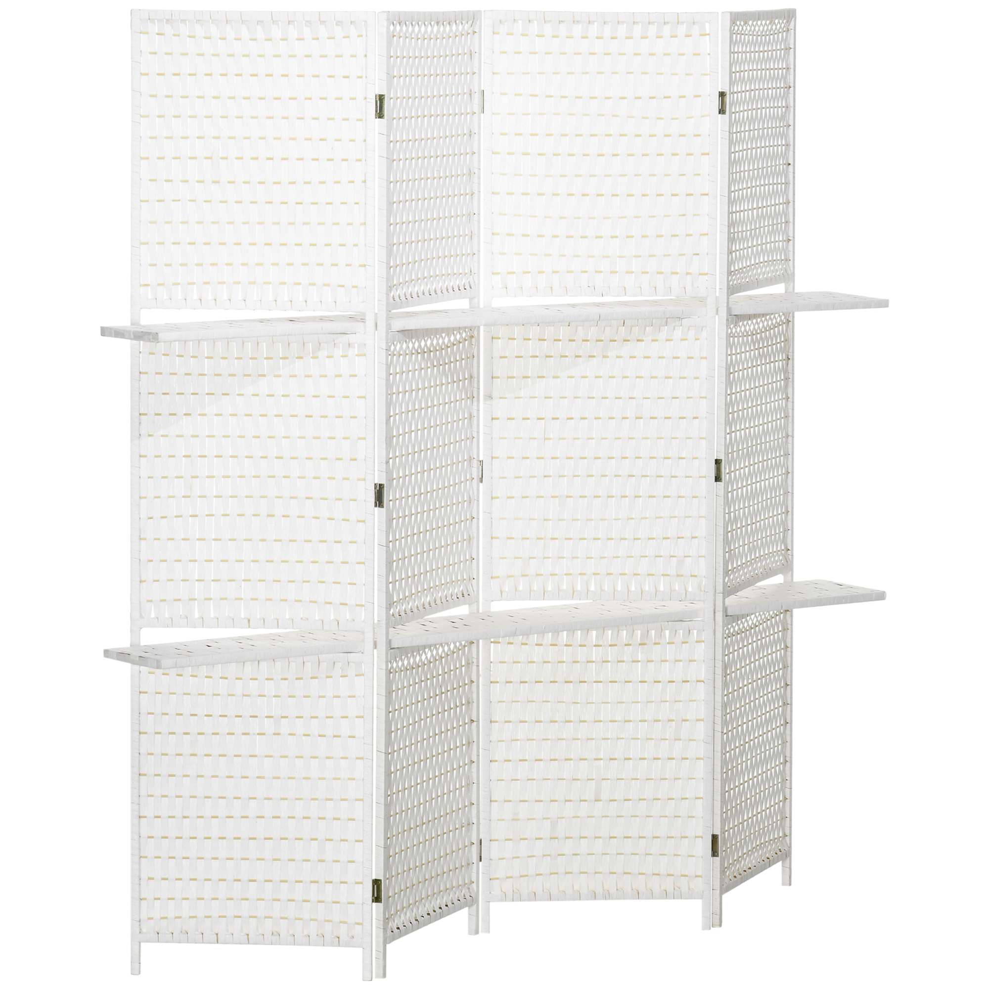 Paravent 4-teilig 181 x 180 cm Faltbar Raumteiler mit 2 Regalen aus Kiefernholz, Bambus für Schlafzimmer, Weiß