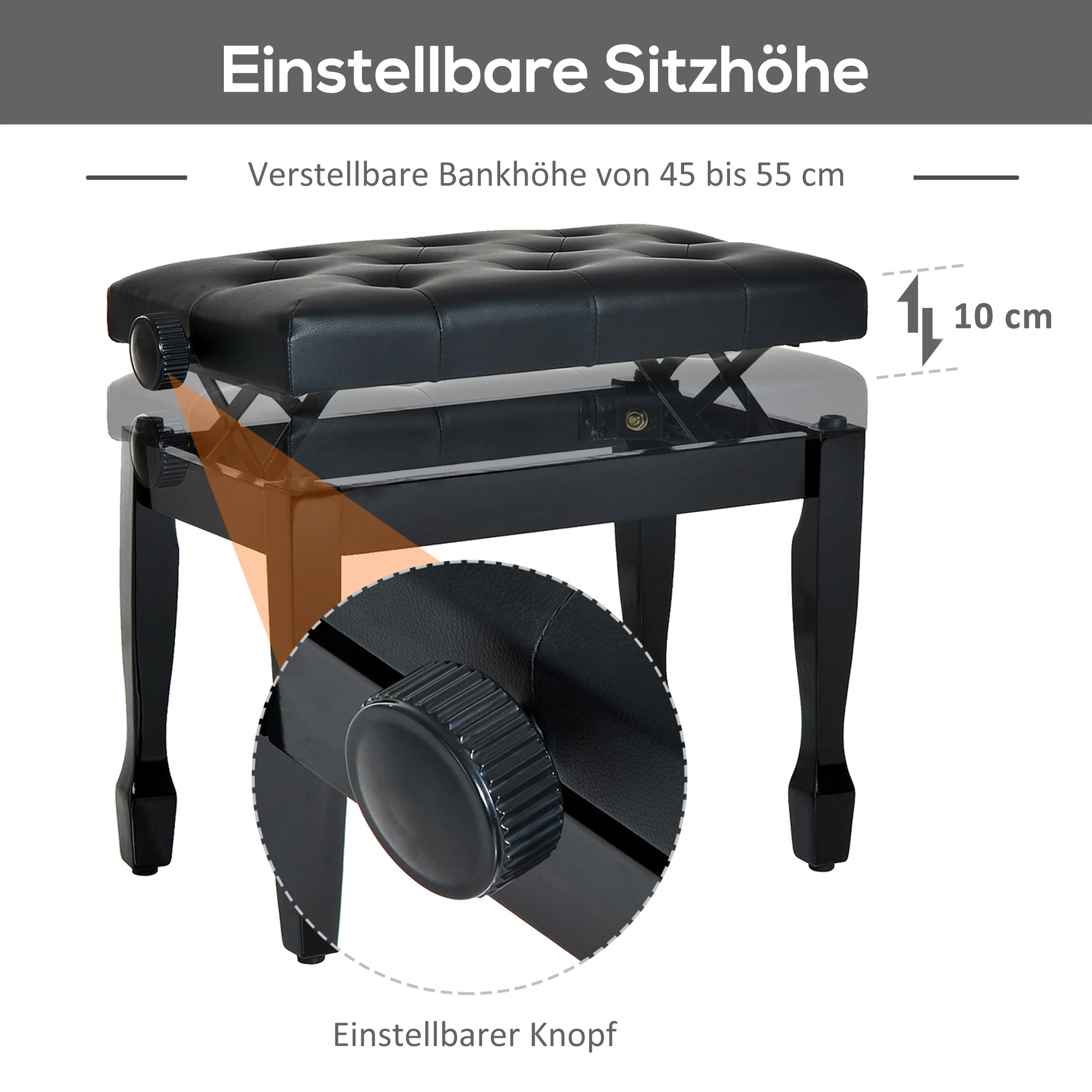 Klavierhocker Höhenverstellbar Klavierbank, Pianobank mit Kunstleder Kissen Keyboardhocker für Piano Keyboard 64 x 35 x 45-55 cm Schwarz