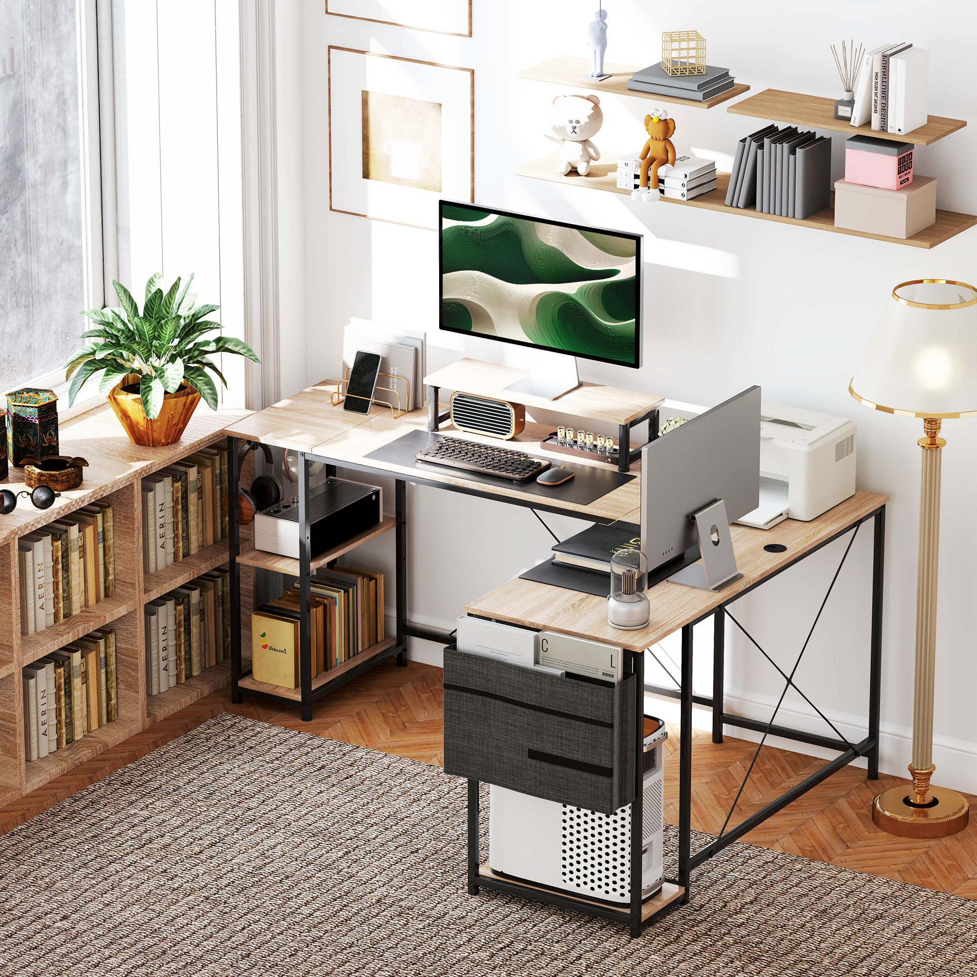 L-förmiger Schreibtisch, Vielseitiger Bürotisch mit einstellbaren Regalen und Aufbewahrungstasche, Monitorständer, Natur