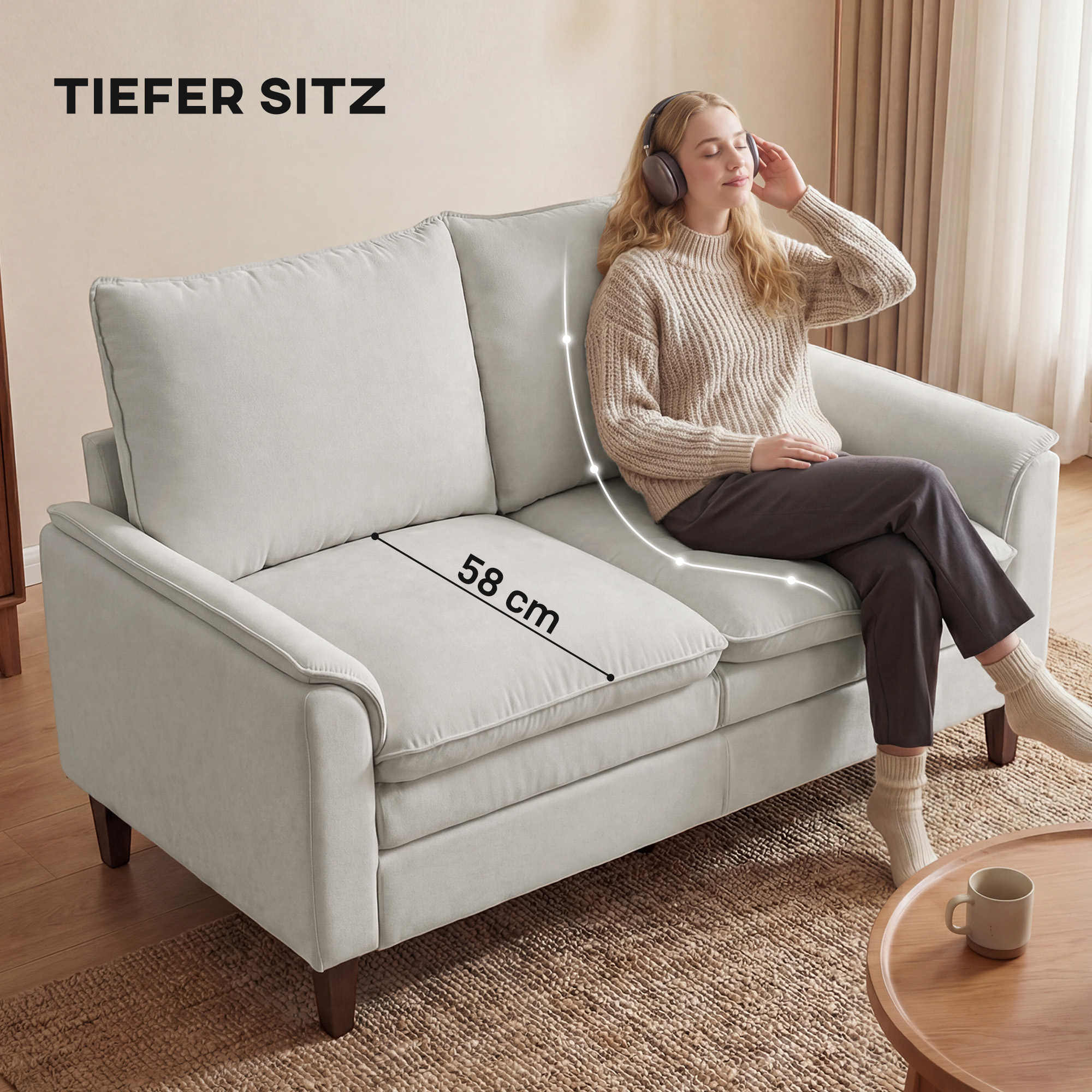 146 cm Zweisitzer Sofa, Chenille-Sofa mit doppellagiger Polsterung, Federkissen, tiefem Sitz, hoher Rückenlehne, Cremeweiß