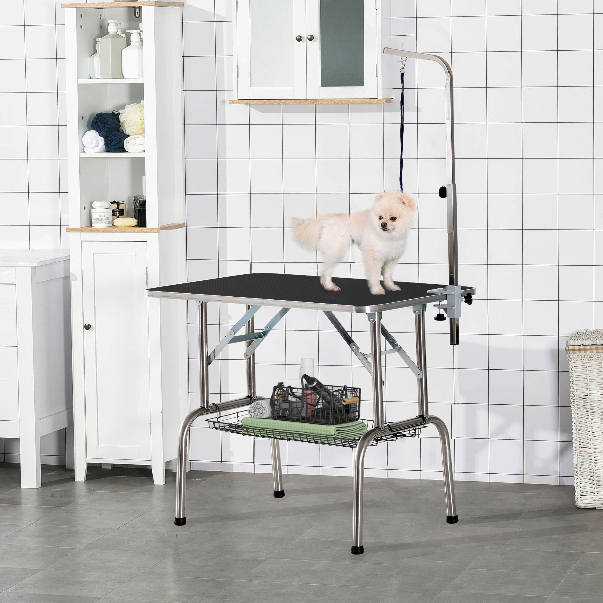 Trimmtisch für Hunde Hundepflegetisch klappbar, Haustierpflegetisch mit höhenverstellbarem Galgen, Schlingen, Netzkorb, Schertisch bis 150 kg, 90 x 60 x 75 cm, Schwarz