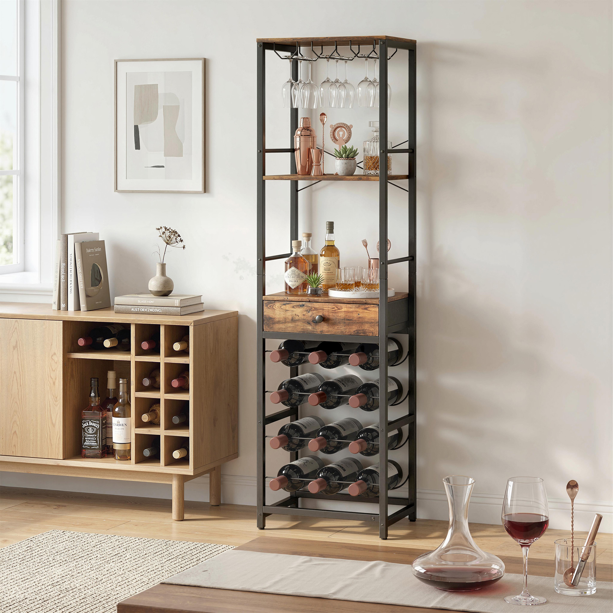 Weinbar-Schrank mit Schublade, Industrieller Barschrank, Weinregal für 12 Flaschen, Glashalter, Rustikal Braun